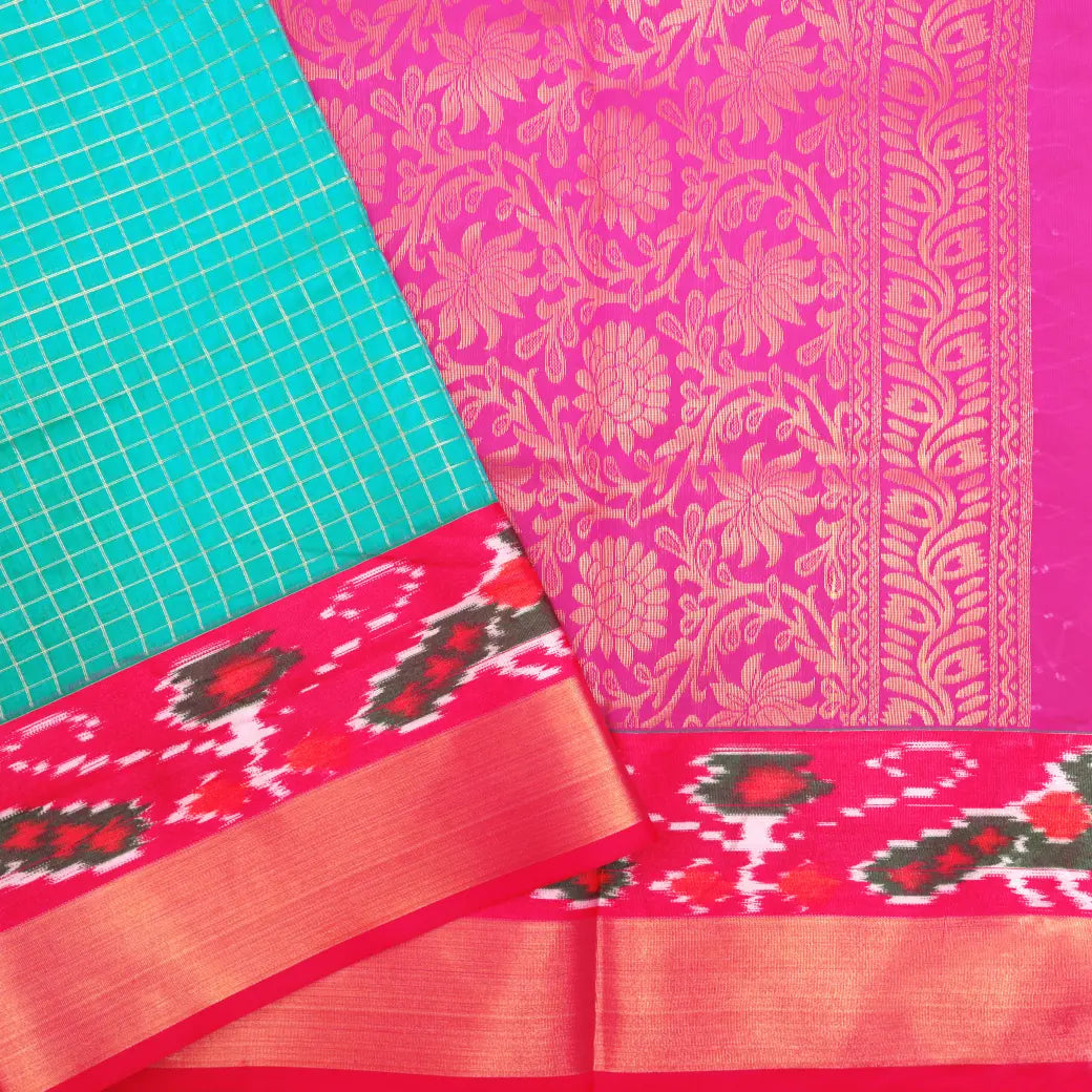 Rama Sky Blue With Rani Pink Semi Pochampalli Zari Border Silk Cotton Saree