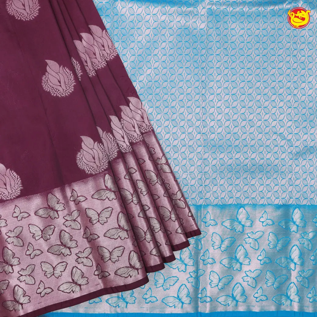 Wine with Deep Sky Blue Soft Silk Saree