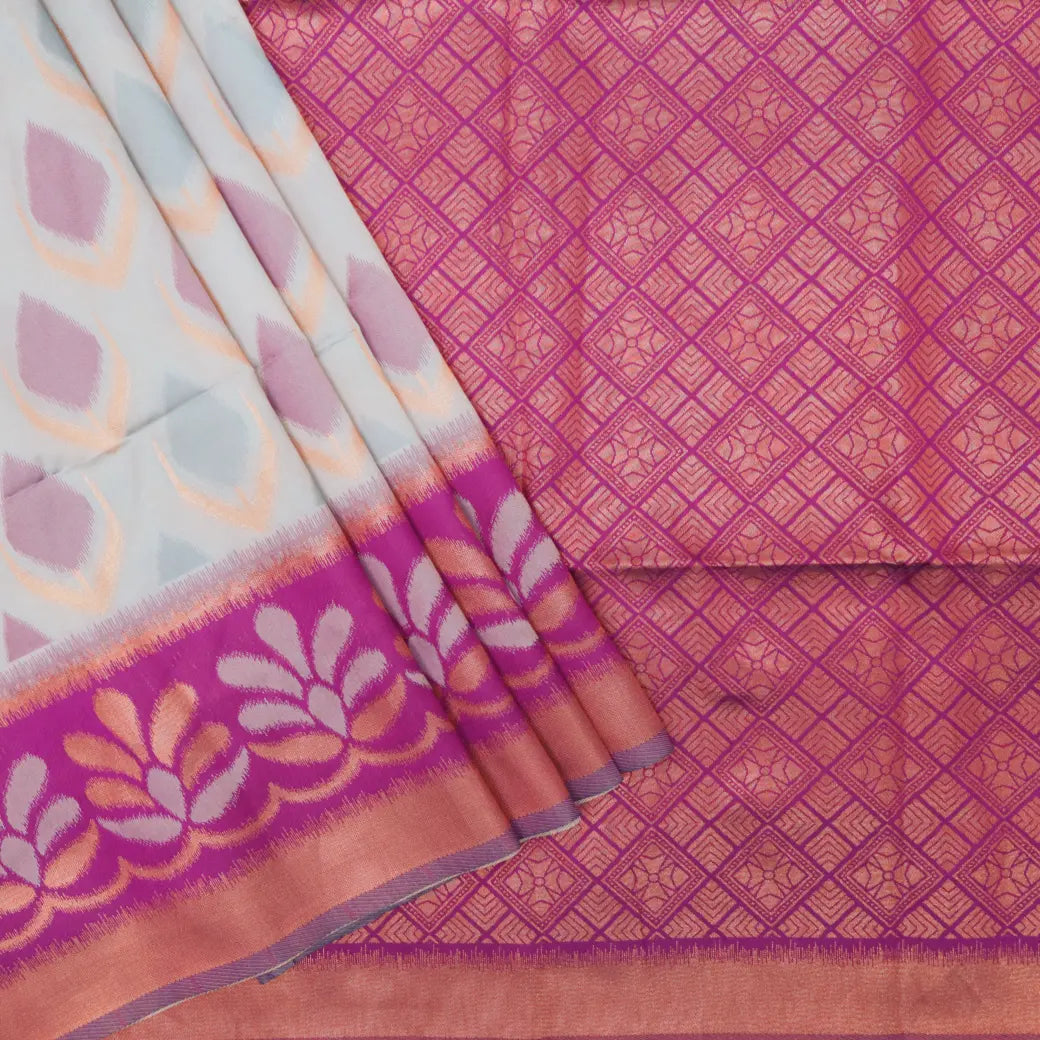 Light Gray With Deep Purple Pochampally Semi Ikat Silk Saree