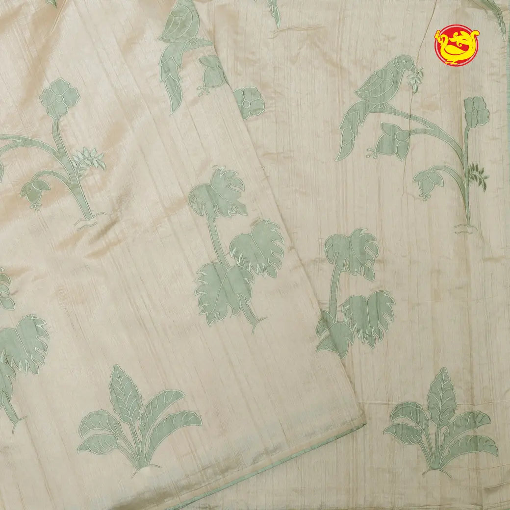 Beige with Green Semi Raw Silk Saree