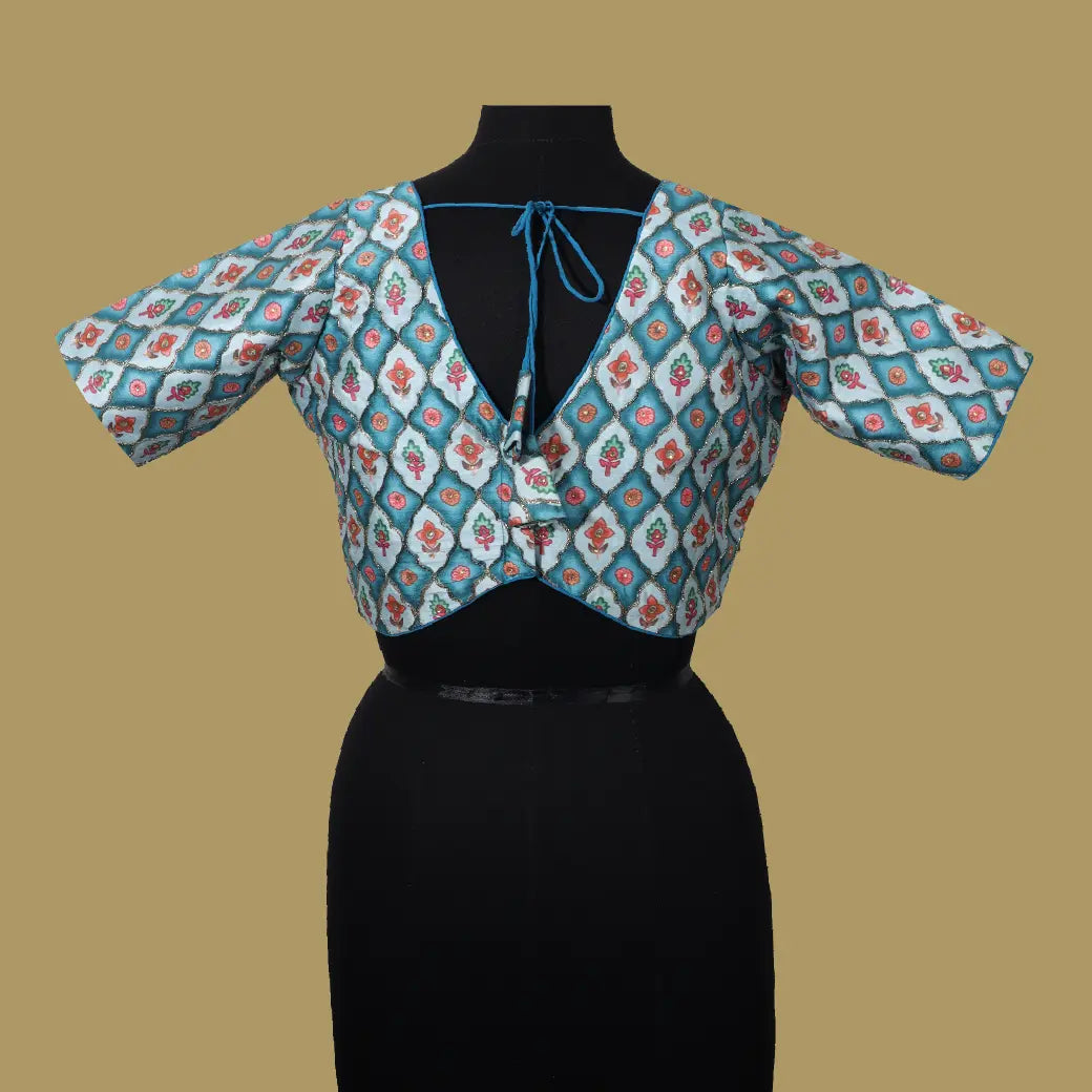 BRIGHT BLUE With PINK& ORANGE Floral design BANARAS, JACQUARD Ready made Blouse