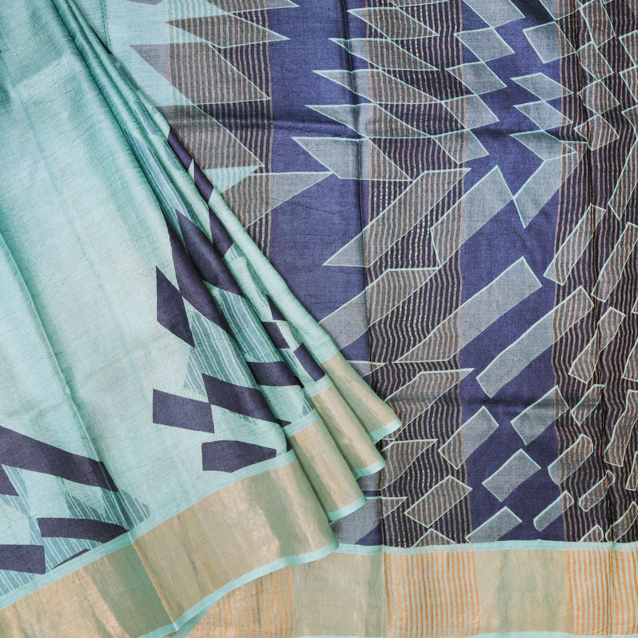 Pure Tussar Silk Saree Turquoise Blue and Blue Shade With Floral Design and Painted Prints and Zari Woven Border