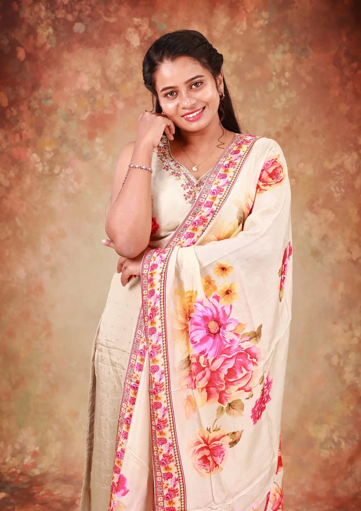 Cream With Pink Floral Design ladies Branded straight Cut Churidar
