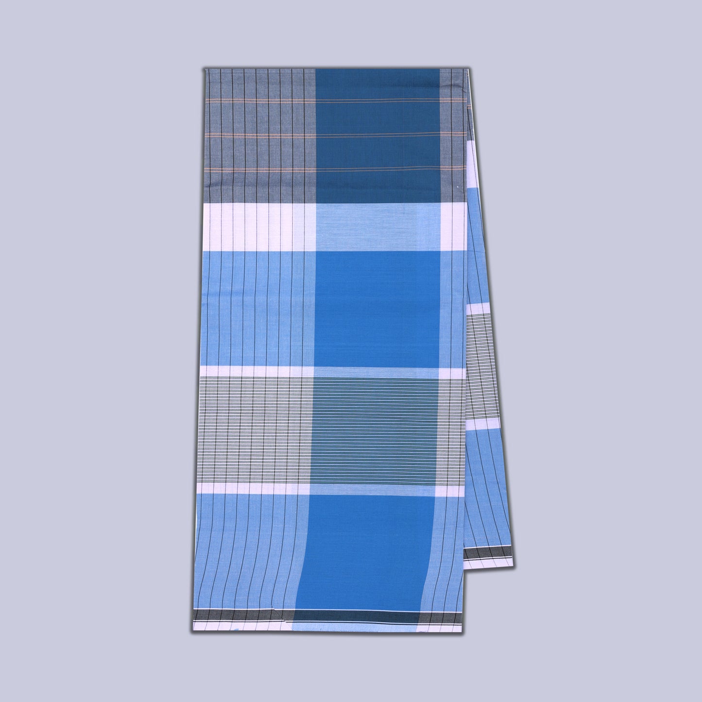 Men’s Blue With Light Blue Checked Cotton Stitched Lungi