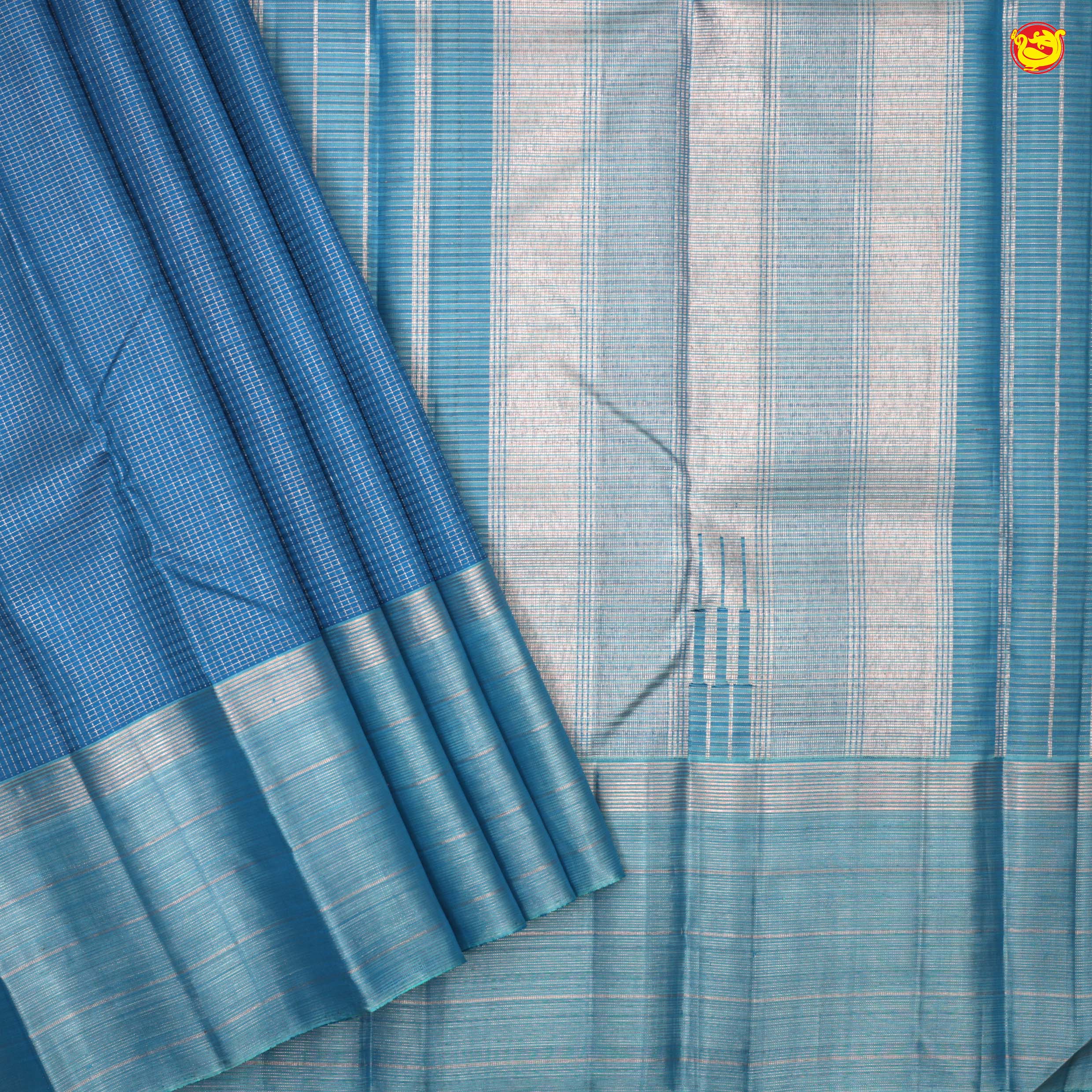 Cobalt Blue With Checked Motifs and Stripes Border Copper Zari Pure Soft Silk Saree