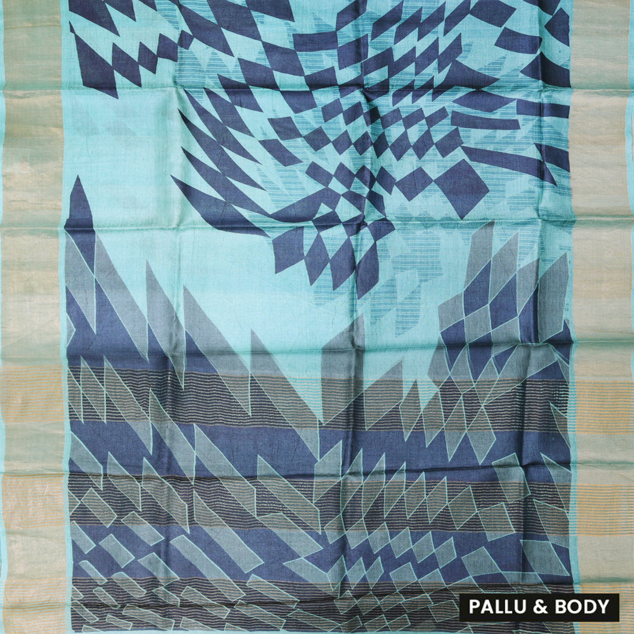 Pure Tussar Silk Saree Turquoise Blue and Blue Shade With Floral Design and Painted Prints and Zari Woven Border