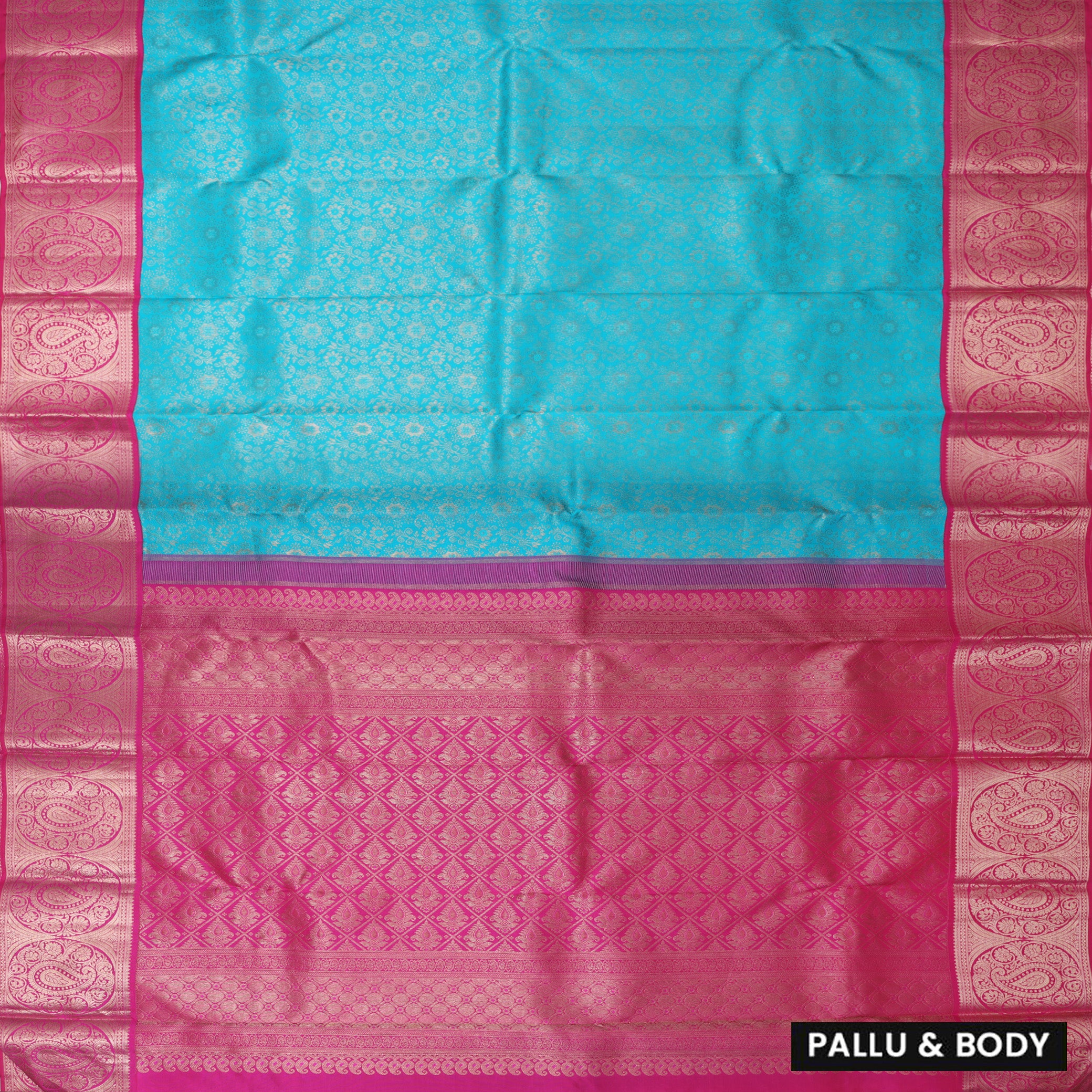 Blue With Pink Golden Zari Border Wedding Silk Saree
