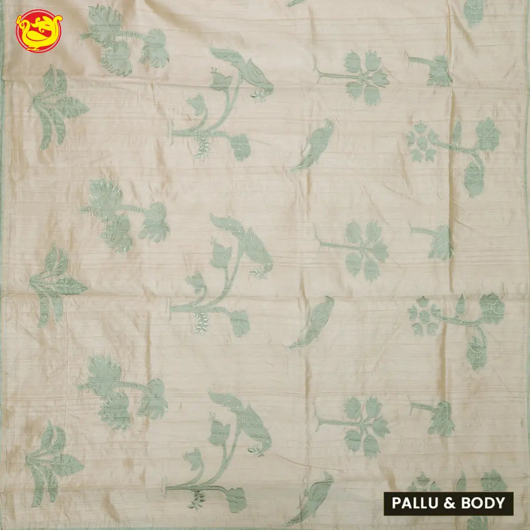 Beige with Green Semi Raw Silk Saree