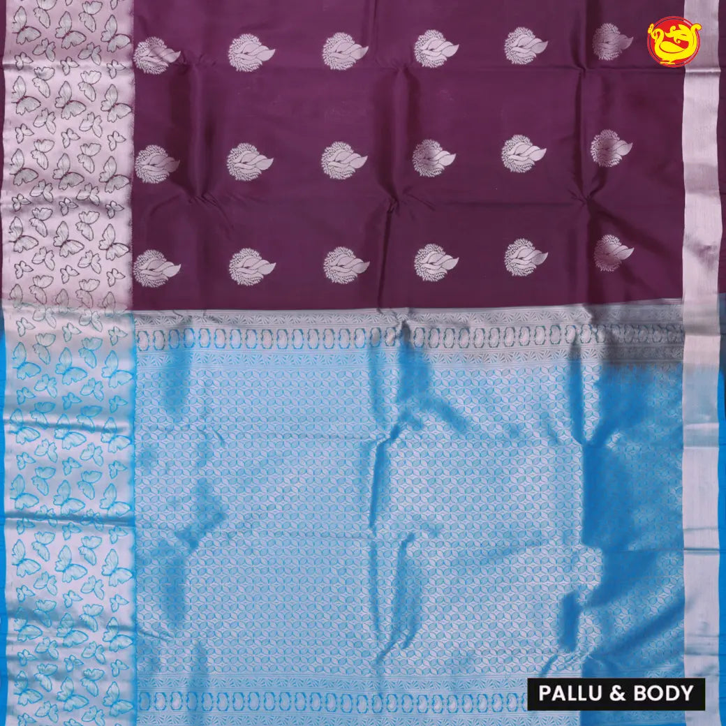 Wine with Deep Sky Blue Soft Silk Saree