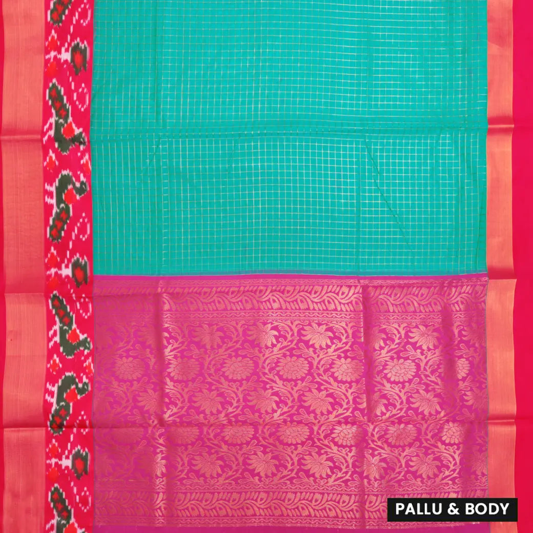 Rama Sky Blue With Rani Pink Semi Pochampalli Zari Border Silk Cotton Saree
