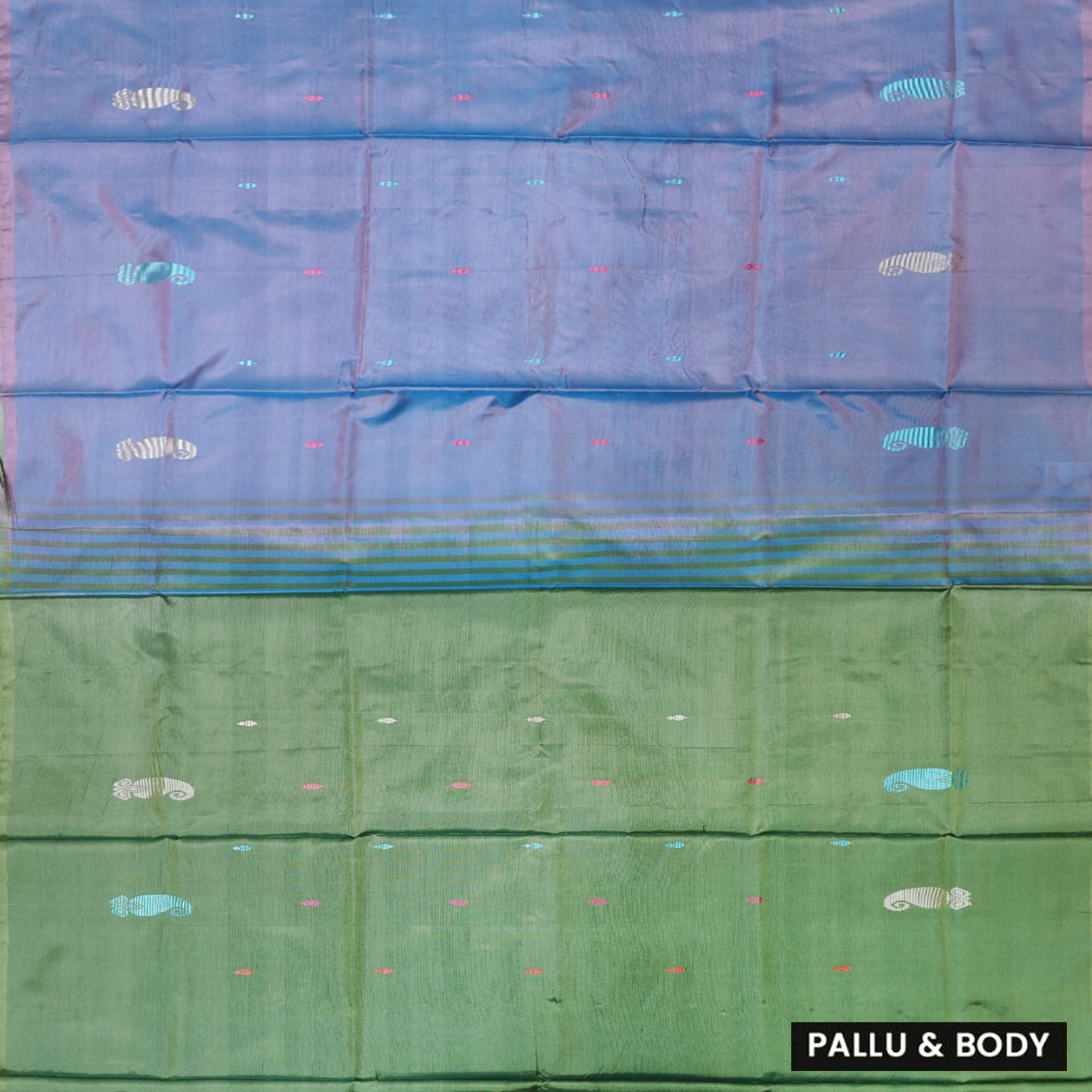 Blue With Green Pallu Banana Pith Saree With Running Blouse
