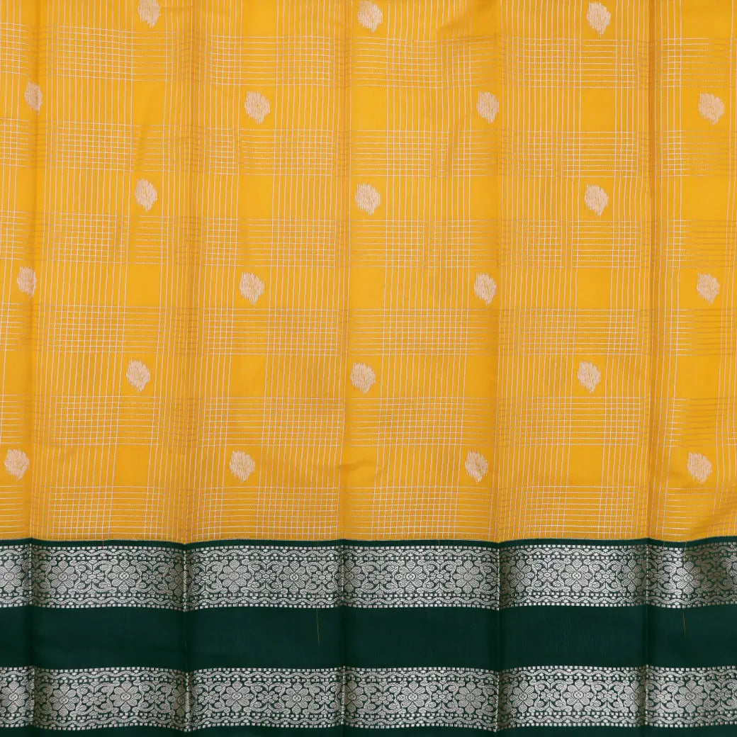 Yellow With Dark Green Checked Silk Cotton Saree
