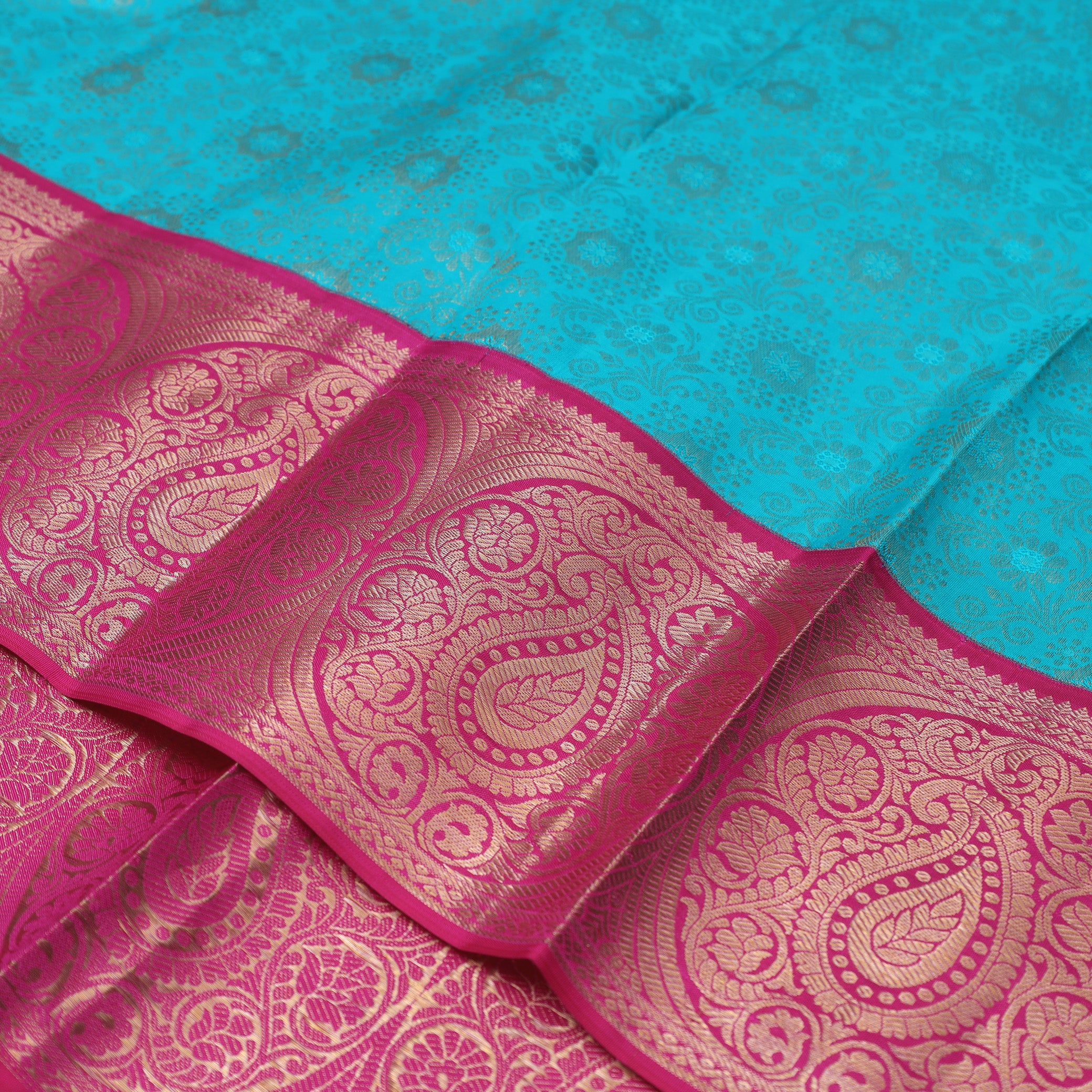 Blue With Pink Golden Zari Border Wedding Silk Saree