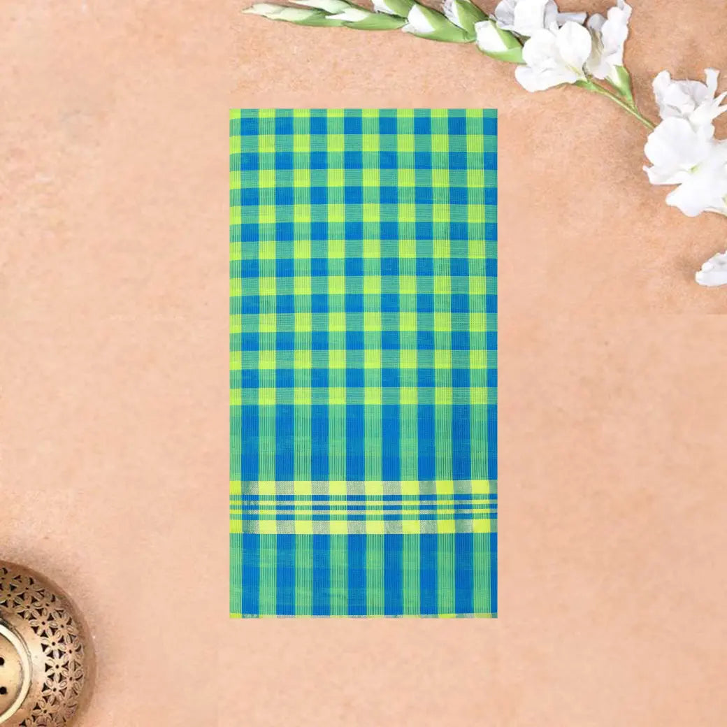 Apple Green with Blue Gingham Check Pure Chettinad Cotton Saree without Blouse 