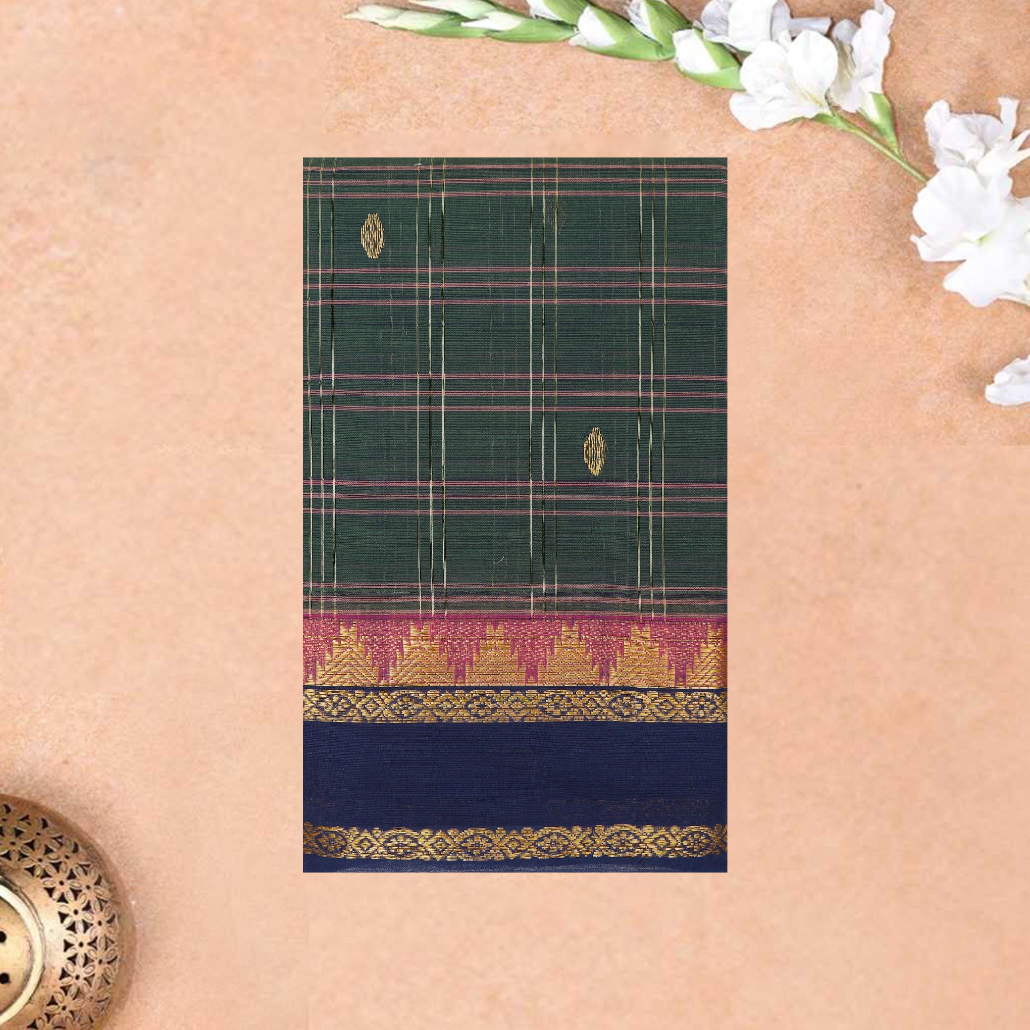 Green With Navy Bloue Small Checked Pattern Pure Cotton Saree without Blous