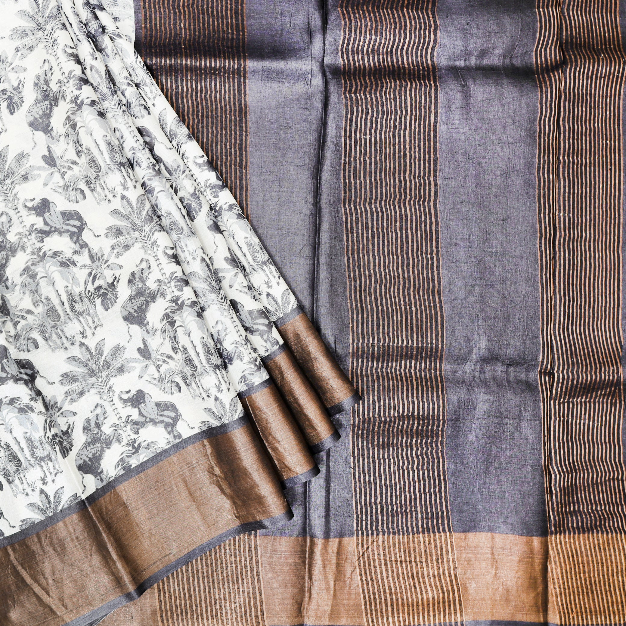 Pure Tussar Silk Saree White and Grey Shade With Floral Design and Painted Prints and Zari Woven Border