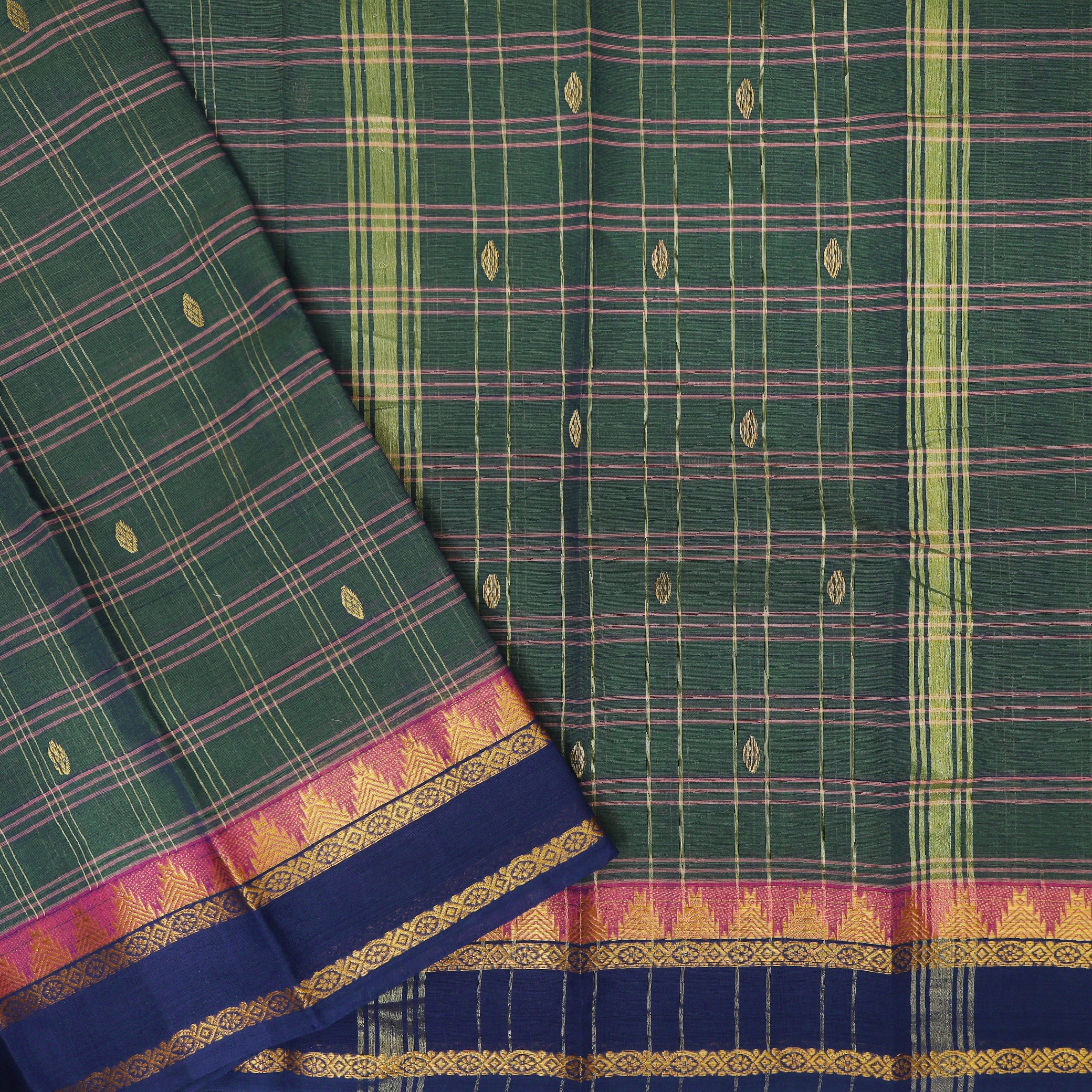 Green With Navy Bloue Small Checked Pattern Pure Cotton Saree without Blous