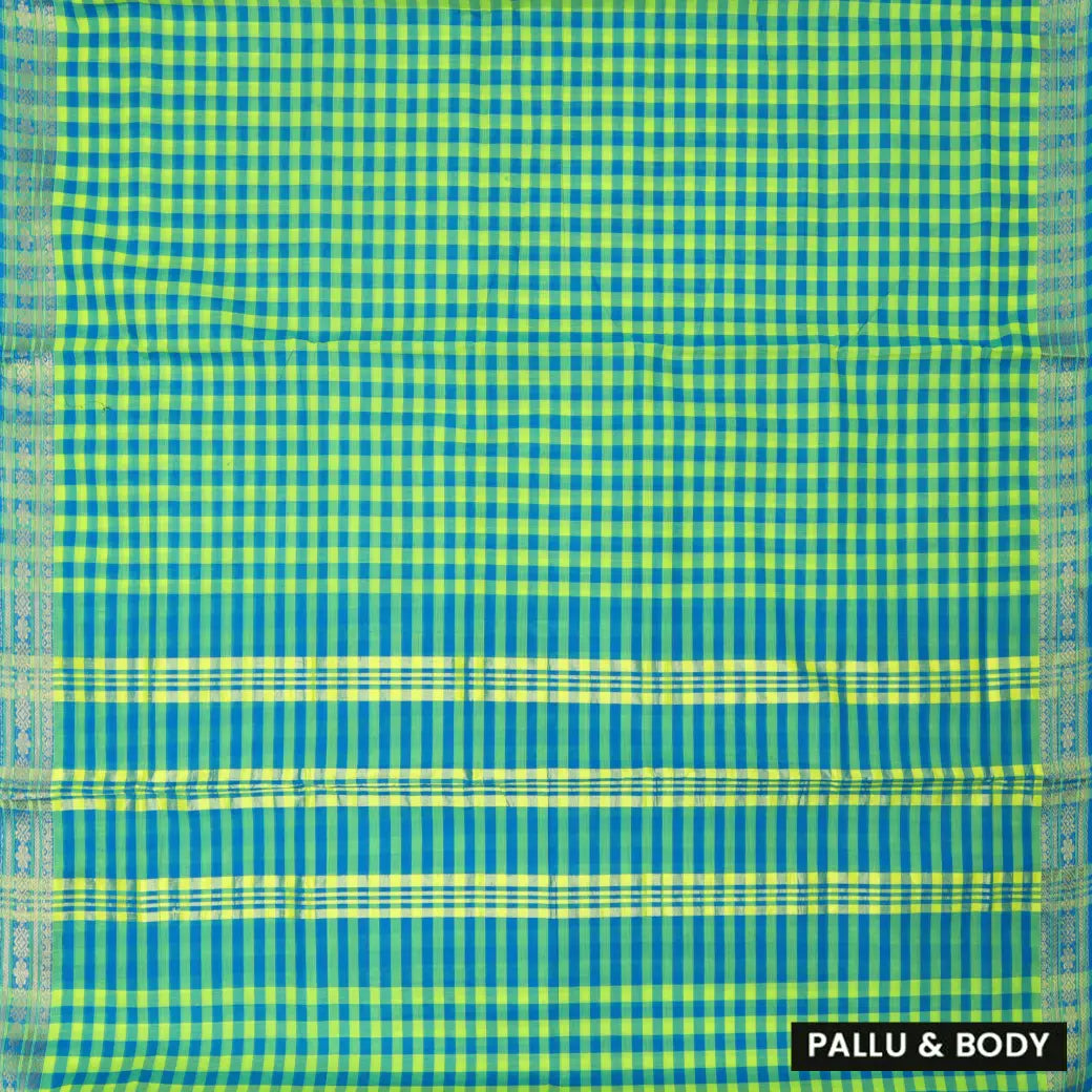 Apple Green with Blue Gingham Check Pure Chettinad Cotton Saree without Blouse 