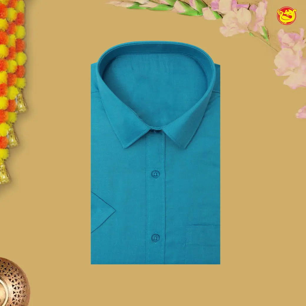 Victorian Teal With White Readymade Shirt And Matching Border Dhoti Set for Men