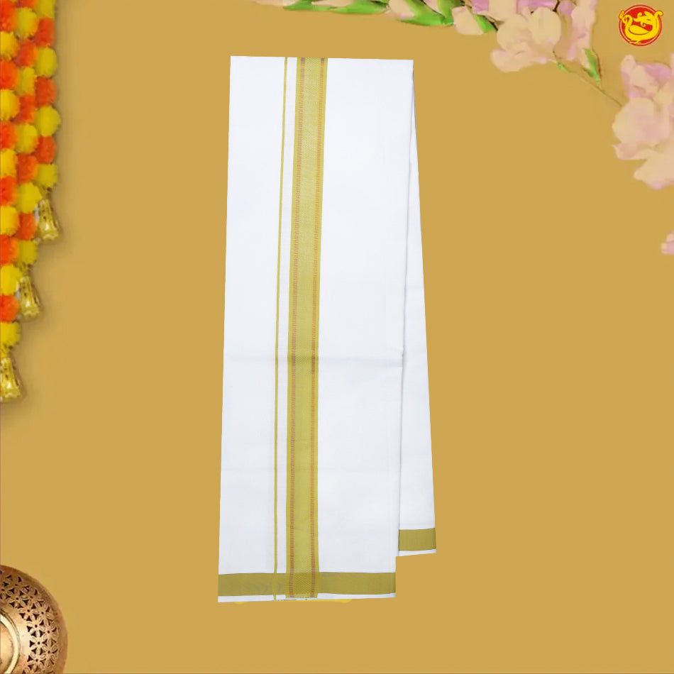 Olive Green With White Dhoti Readymade Shirt And Matching Border Dhoti Set for Men