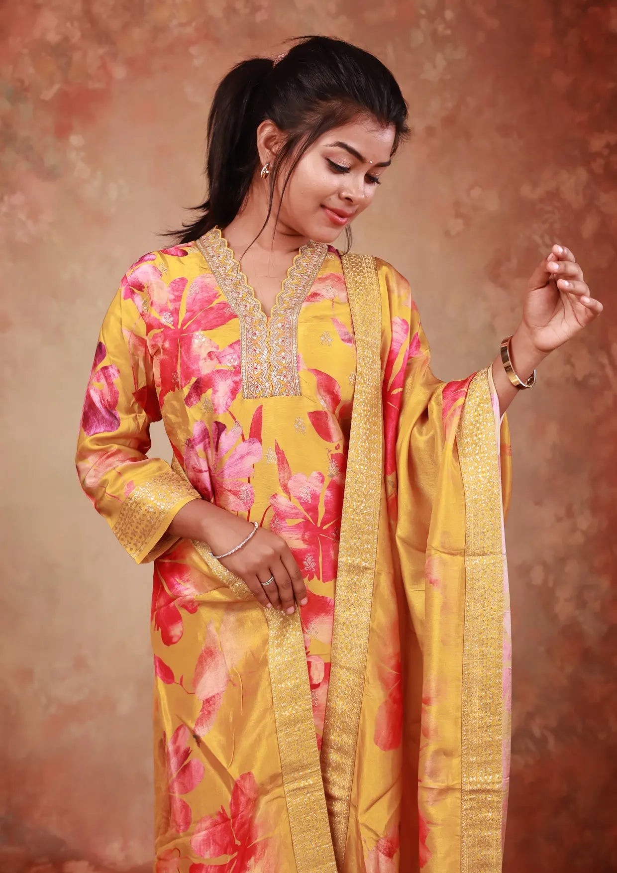 Mustard Yellow With Pink Floral Design Ladies Branded Straight Cut Churidar
