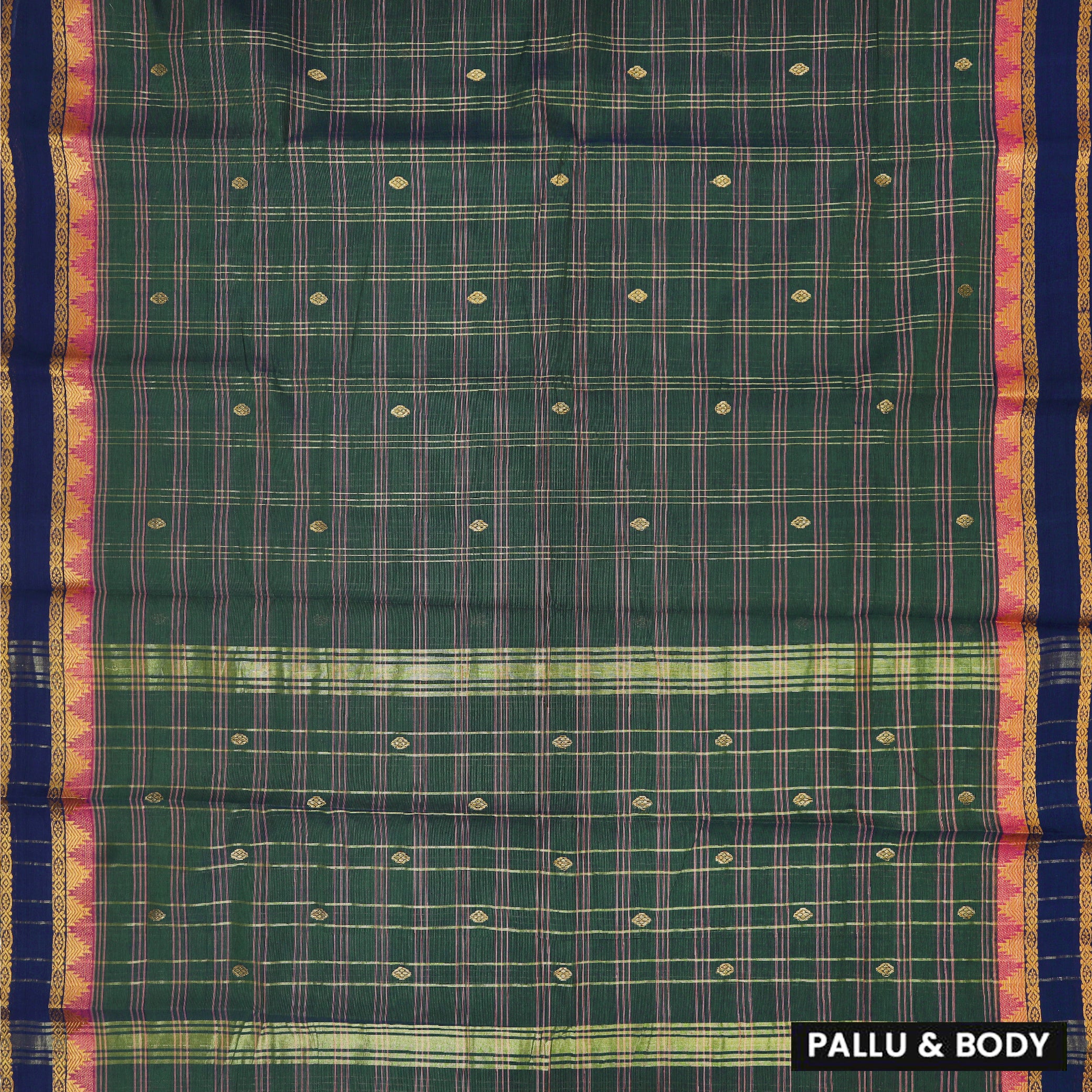 Green With Navy Bloue Small Checked Pattern Pure Cotton Saree without Blous