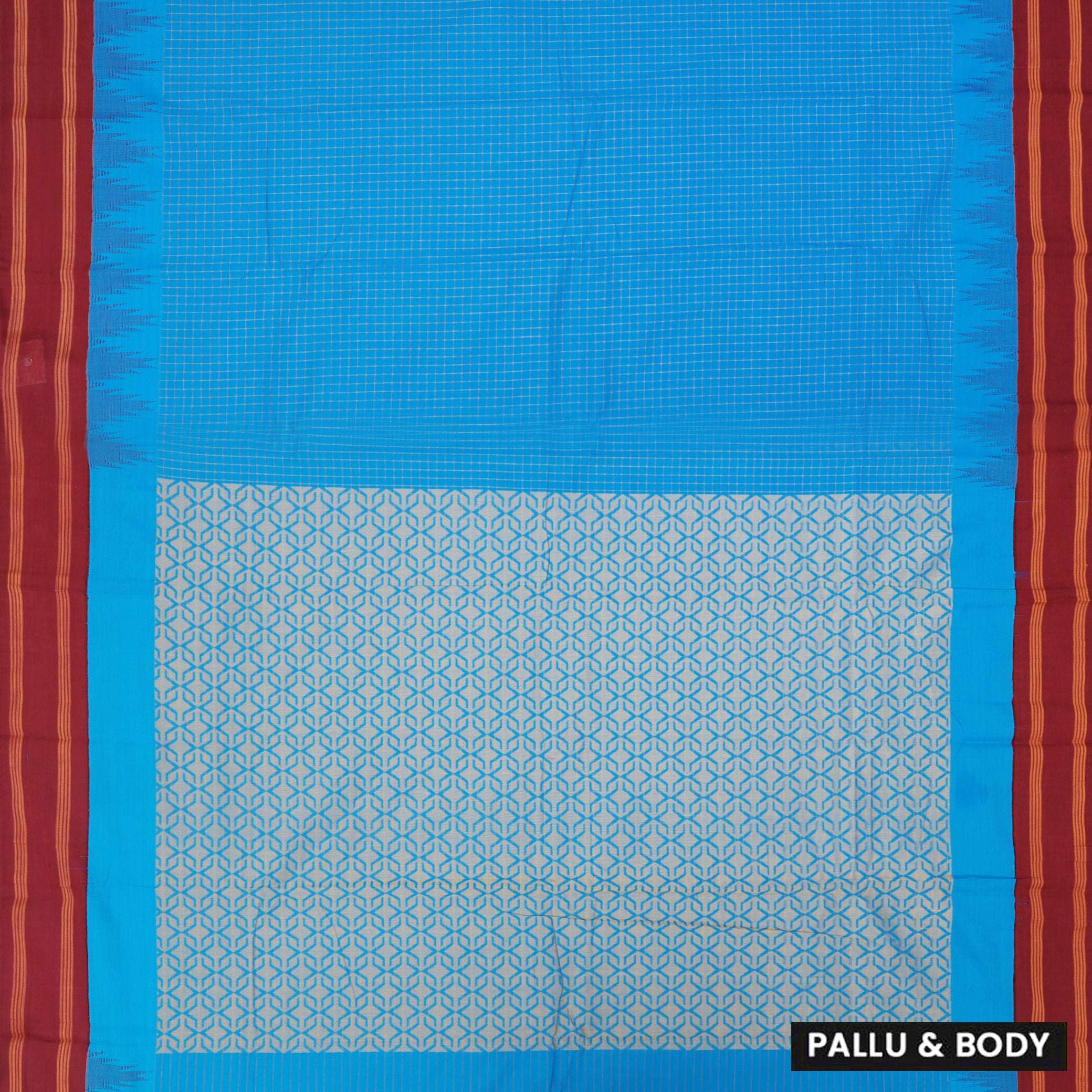 Blue With Maroon Small Checked Pattern Pure Cotton Saree without Blous