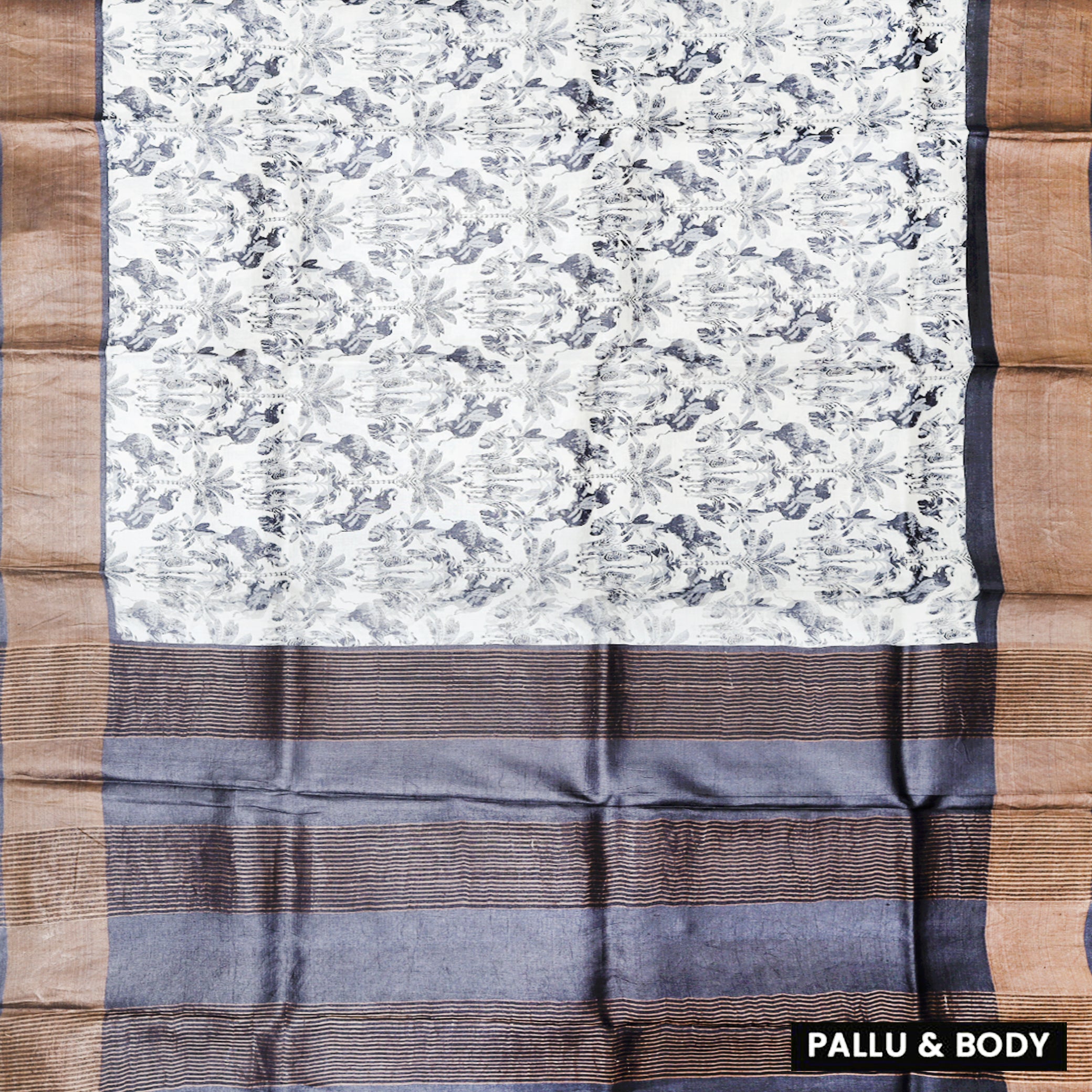Pure Tussar Silk Saree White and Grey Shade With Floral Design and Painted Prints and Zari Woven Border