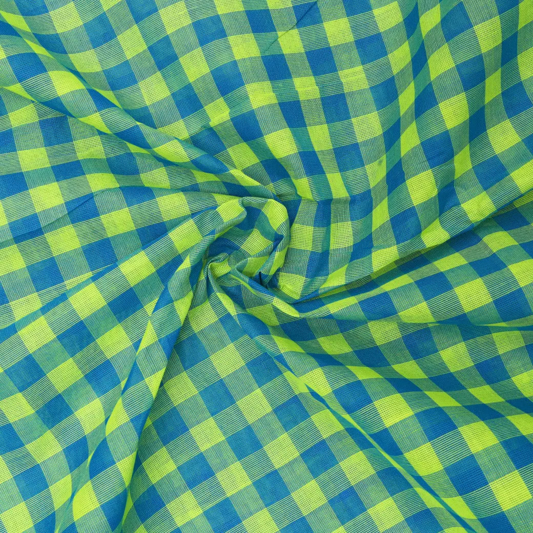 Apple Green with Blue Gingham Check Pure Chettinad Cotton Saree without Blouse 