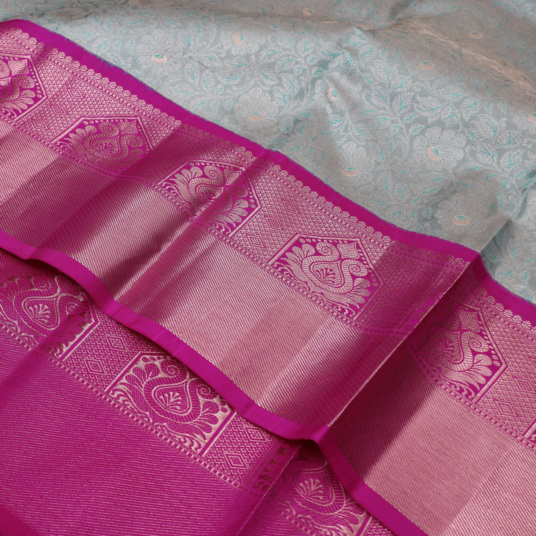 Sea-Green With Pink Golden Zari Border Wedding Silk Saree