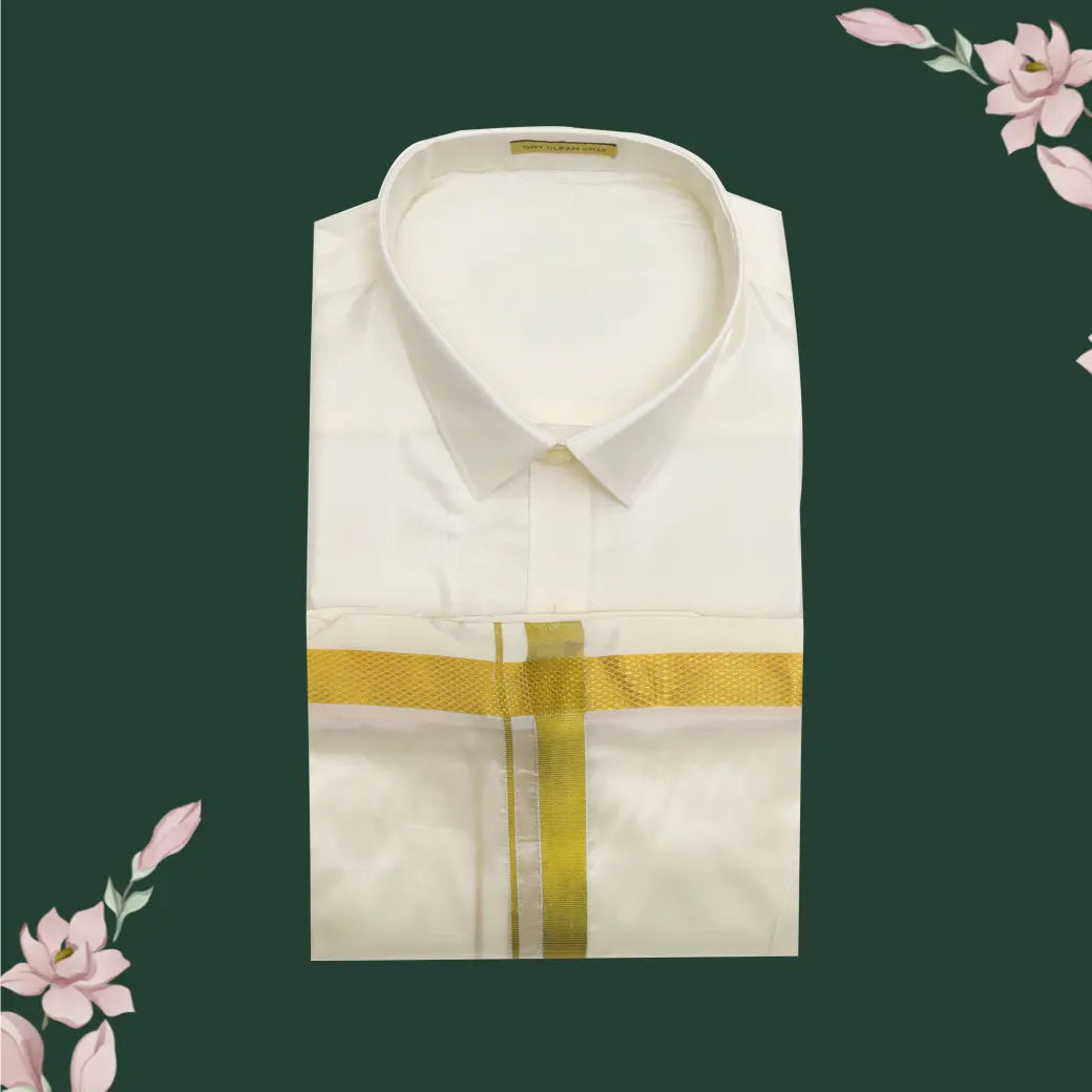 Cream with Gold Men’s Silk Readymade Shirt and Dhoti Set