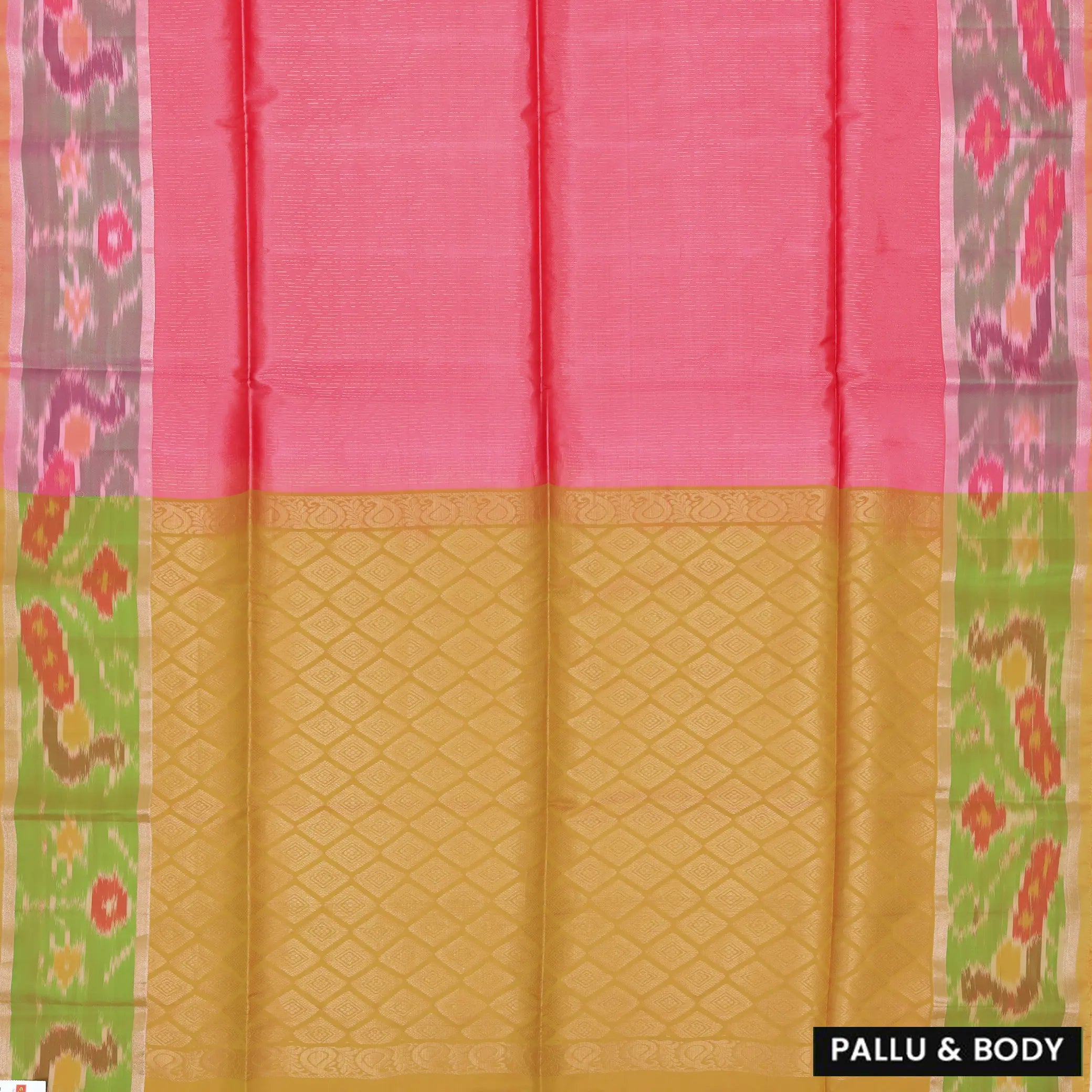 Pastel pink with mossy green Ikat border soft silk saree