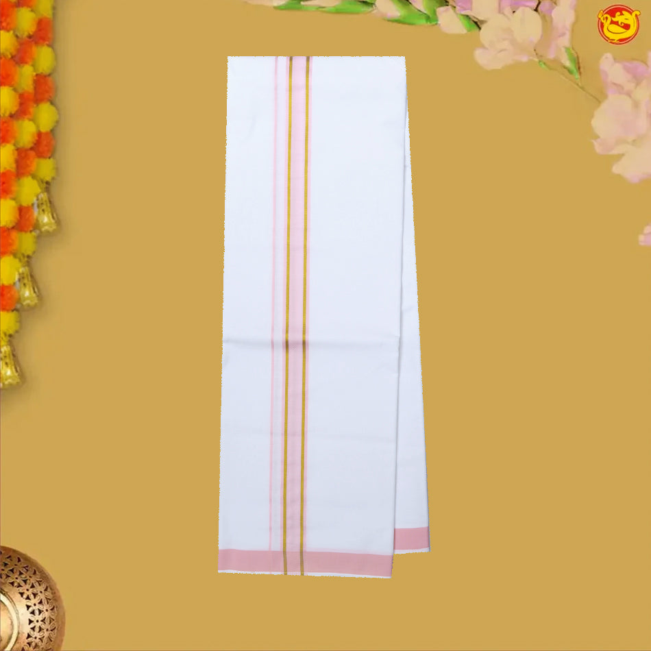 Light Pink With White Dhoti Readymade Shirt And Matching Border Dhoti Set for Men