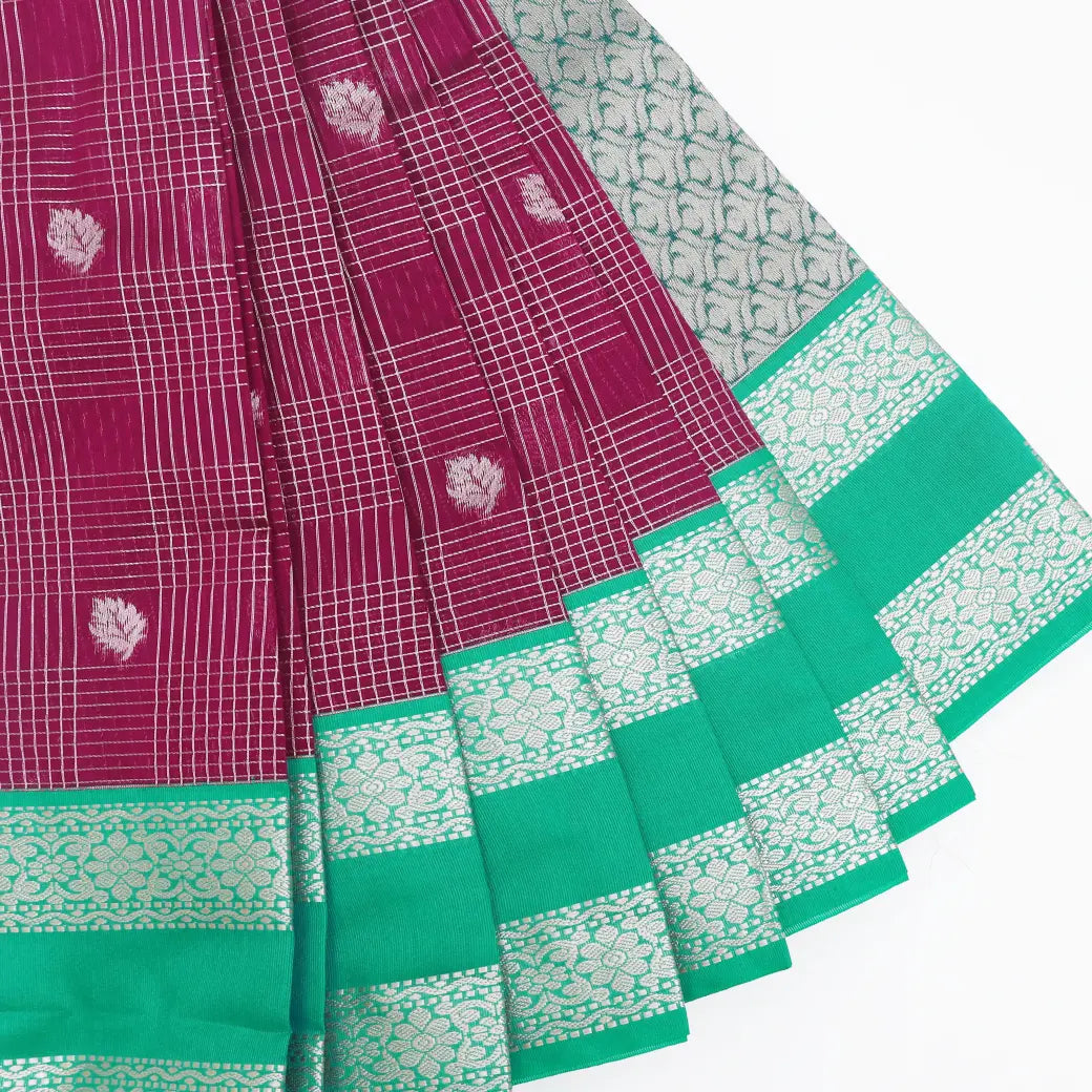 Magenta With Green Checked Silk Cotton Saree