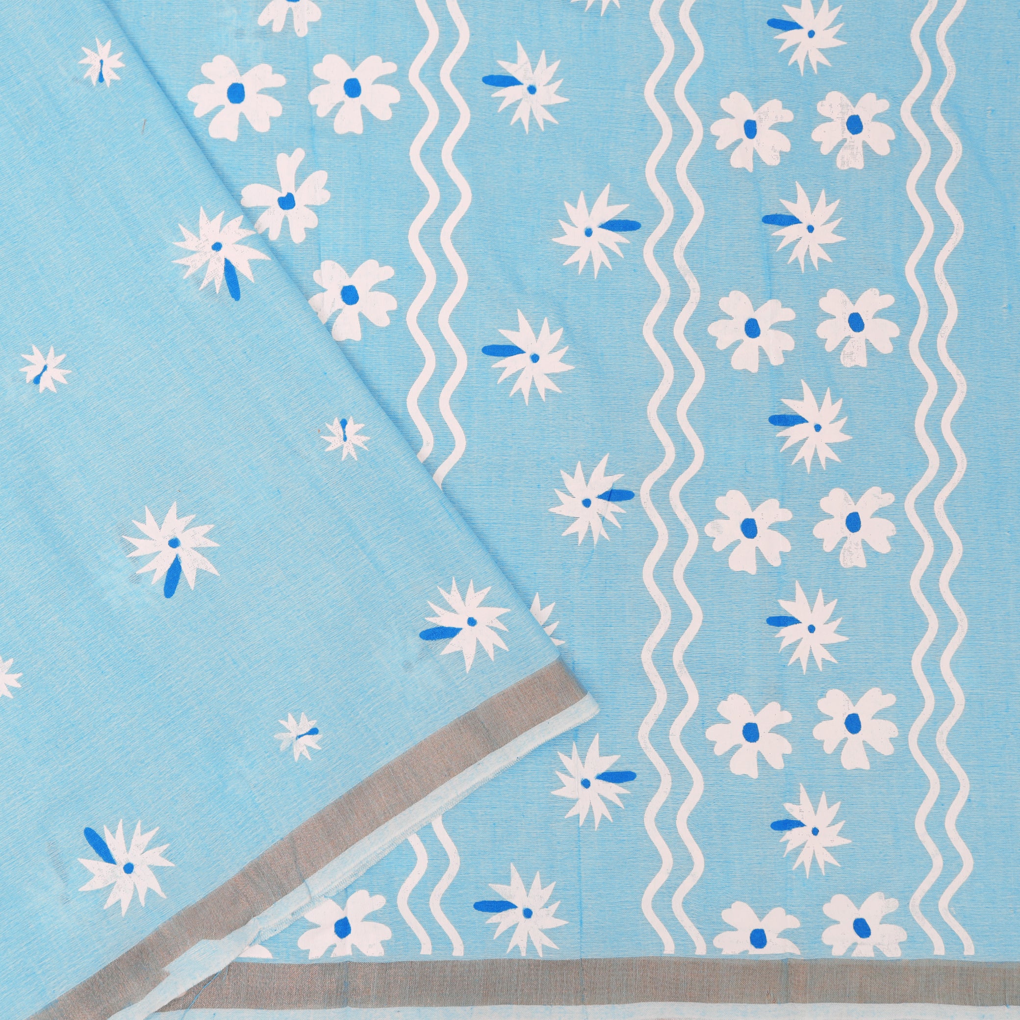 Light Blue Linen Cotton Saree with Contrast Blouse