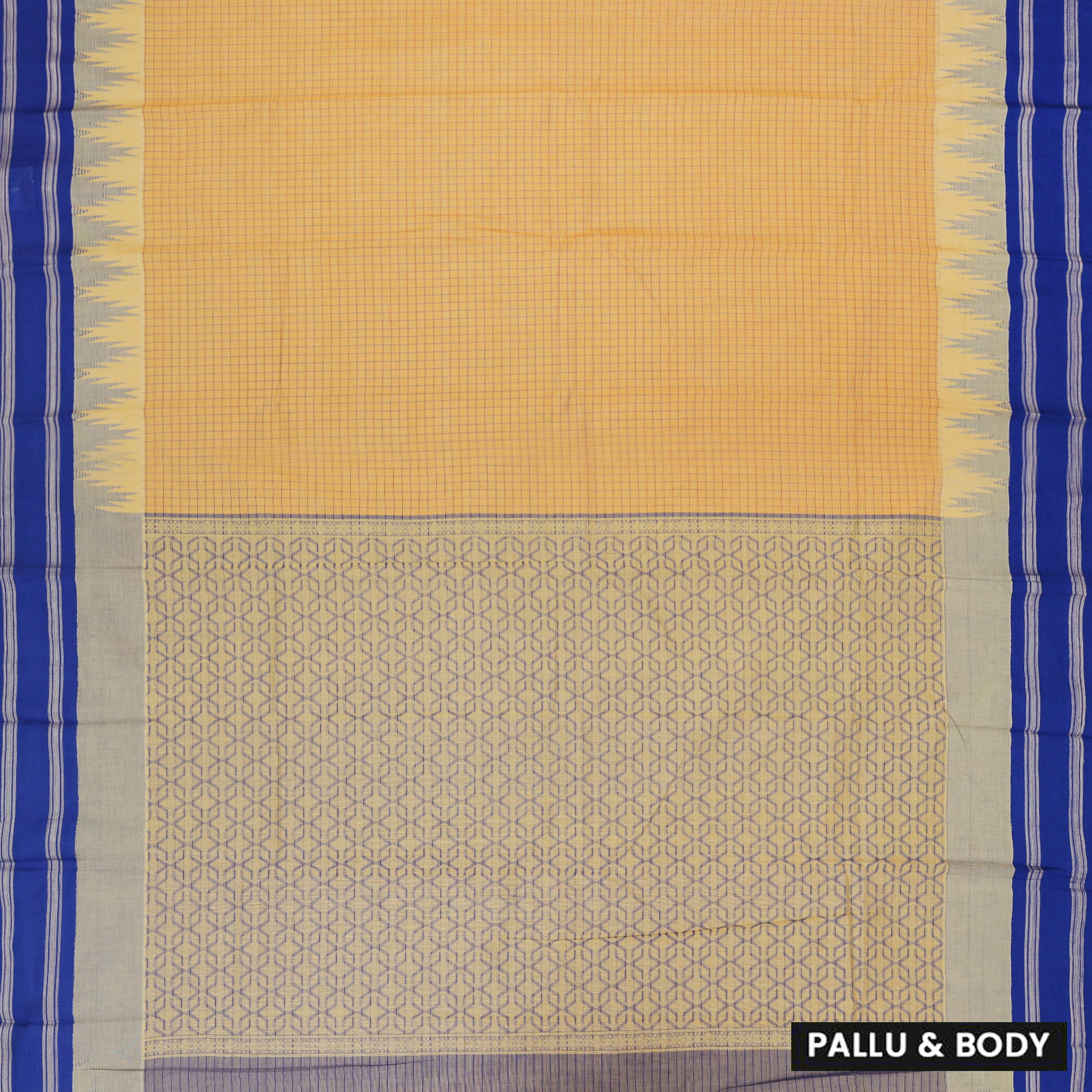 Yellow With Blue Small Checked Pattern Pure Cotton Saree without Blous