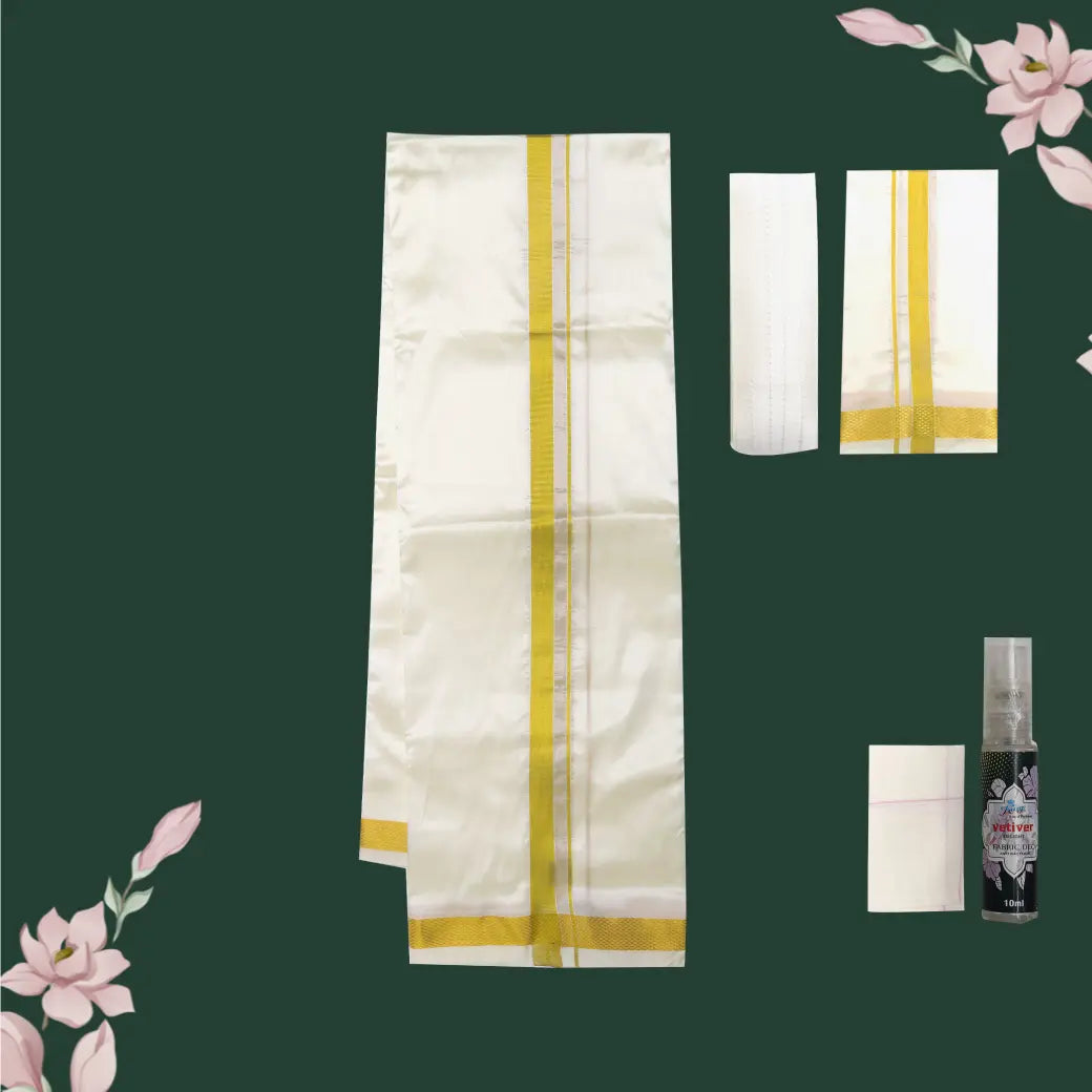Cream with Gold Men’s Silk Readymade Shirt and Dhoti Set