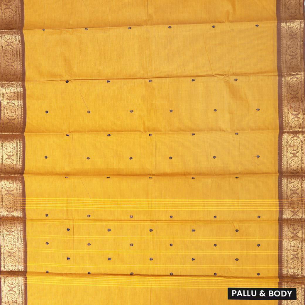 Mustard Yellow With Brown Contrast Border Pure Cotton Saree