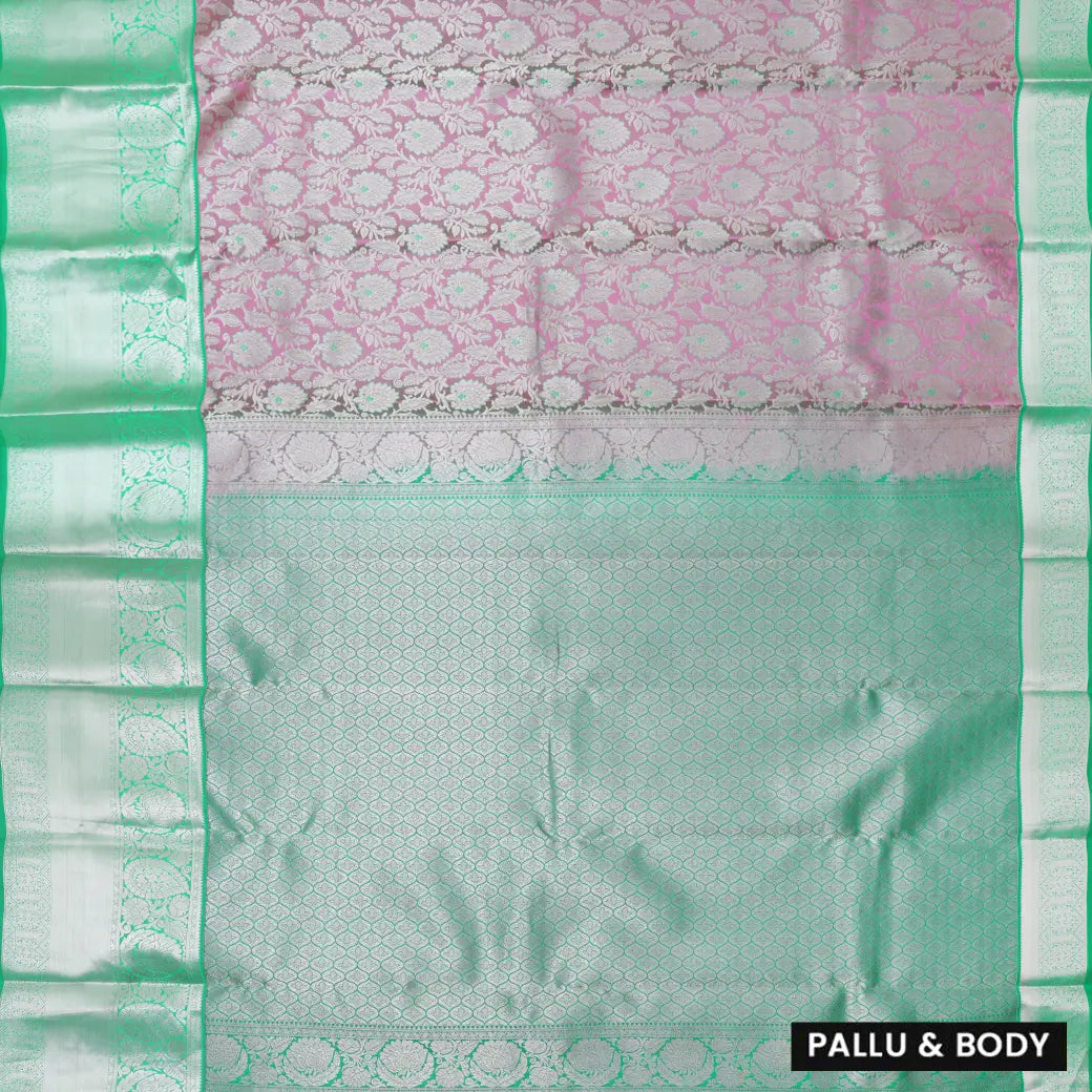 Light Pink with Mint Green Traditional Floral Pattern in Gold Zari Border Wedding Silk Saree