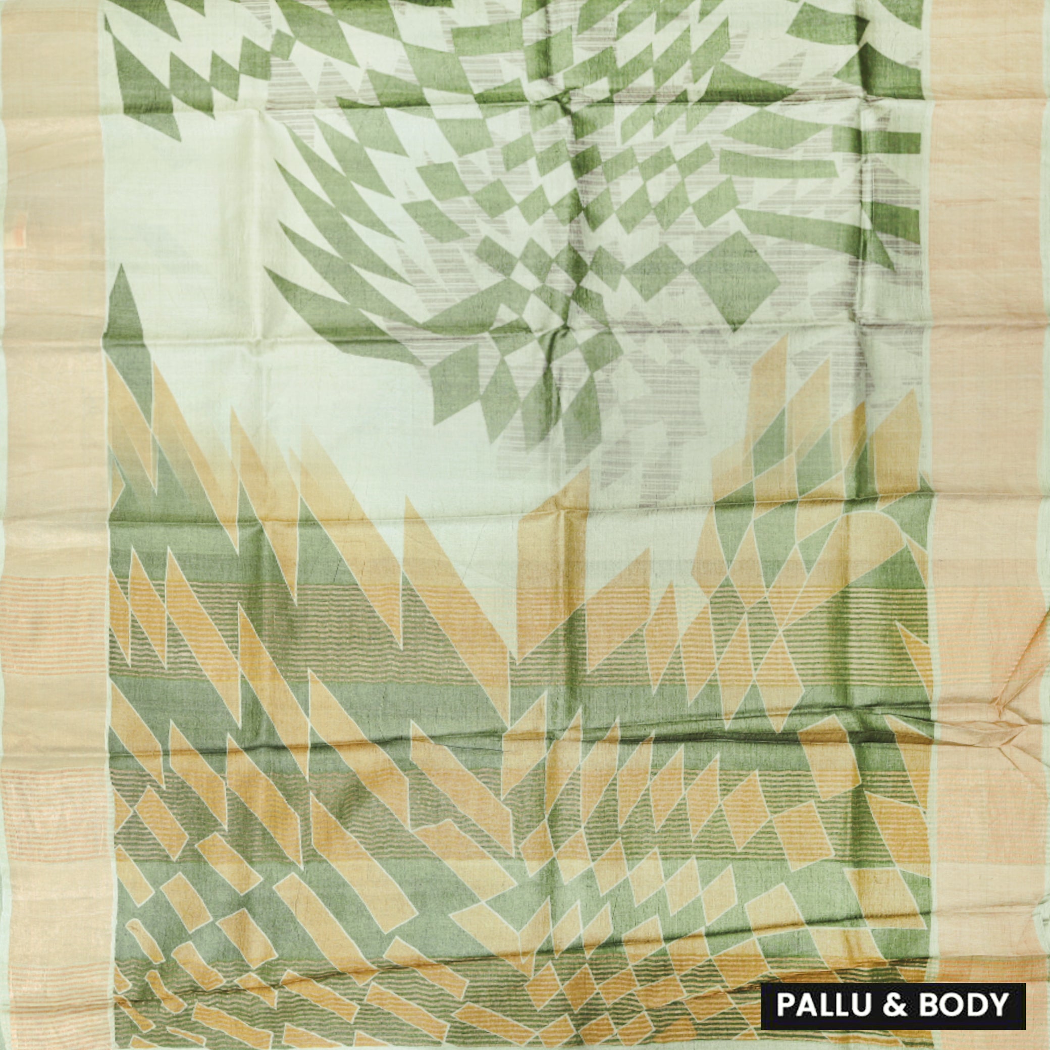 Pure Tussar Silk Saree Pale Green and Orange Shade With Floral Design and Painted Prints and Zari Woven Border