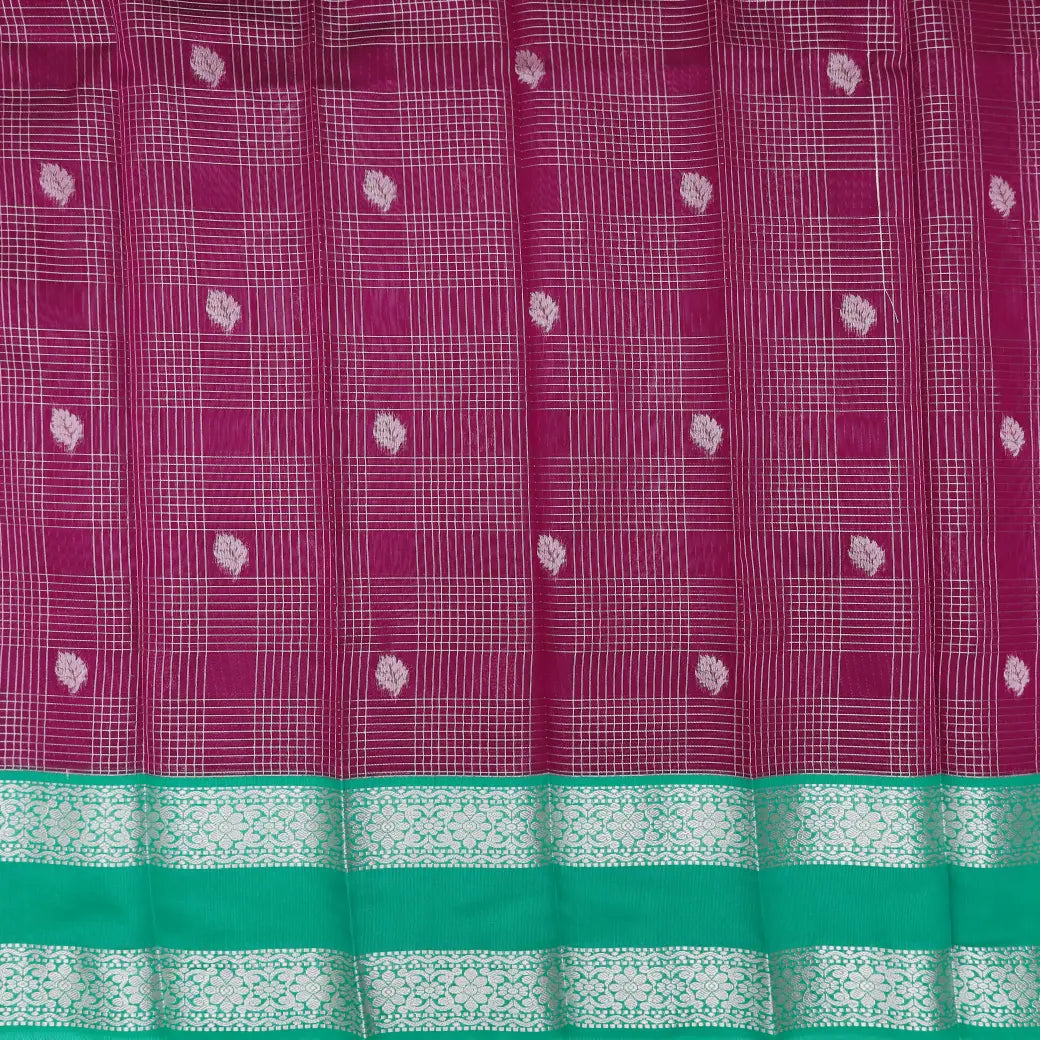 Magenta With Green Checked Silk Cotton Saree