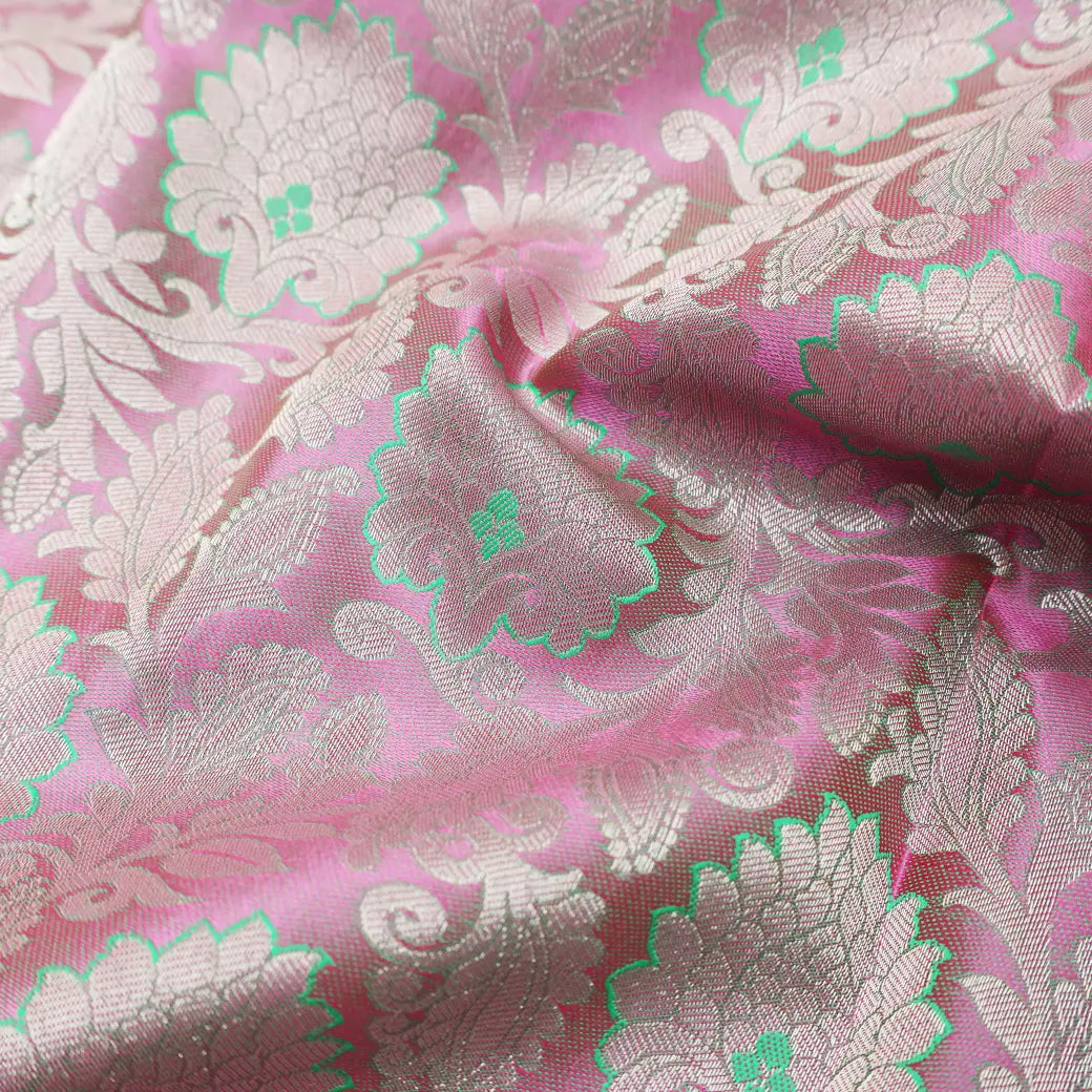 Light Pink with Mint Green Traditional Floral Pattern in Gold Zari Border Wedding Silk Saree