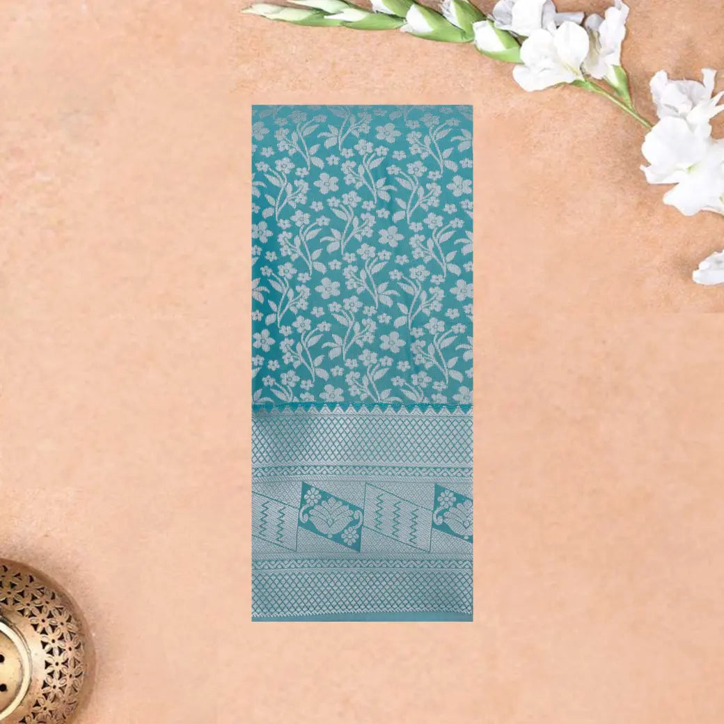 Light Aqua Green with Silver Floral Patterns Art Silk Saree