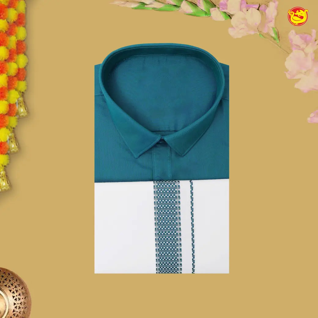 Vivid Bluish Green With White Readymade Shirt And Matching Border Dhoti Set for Men