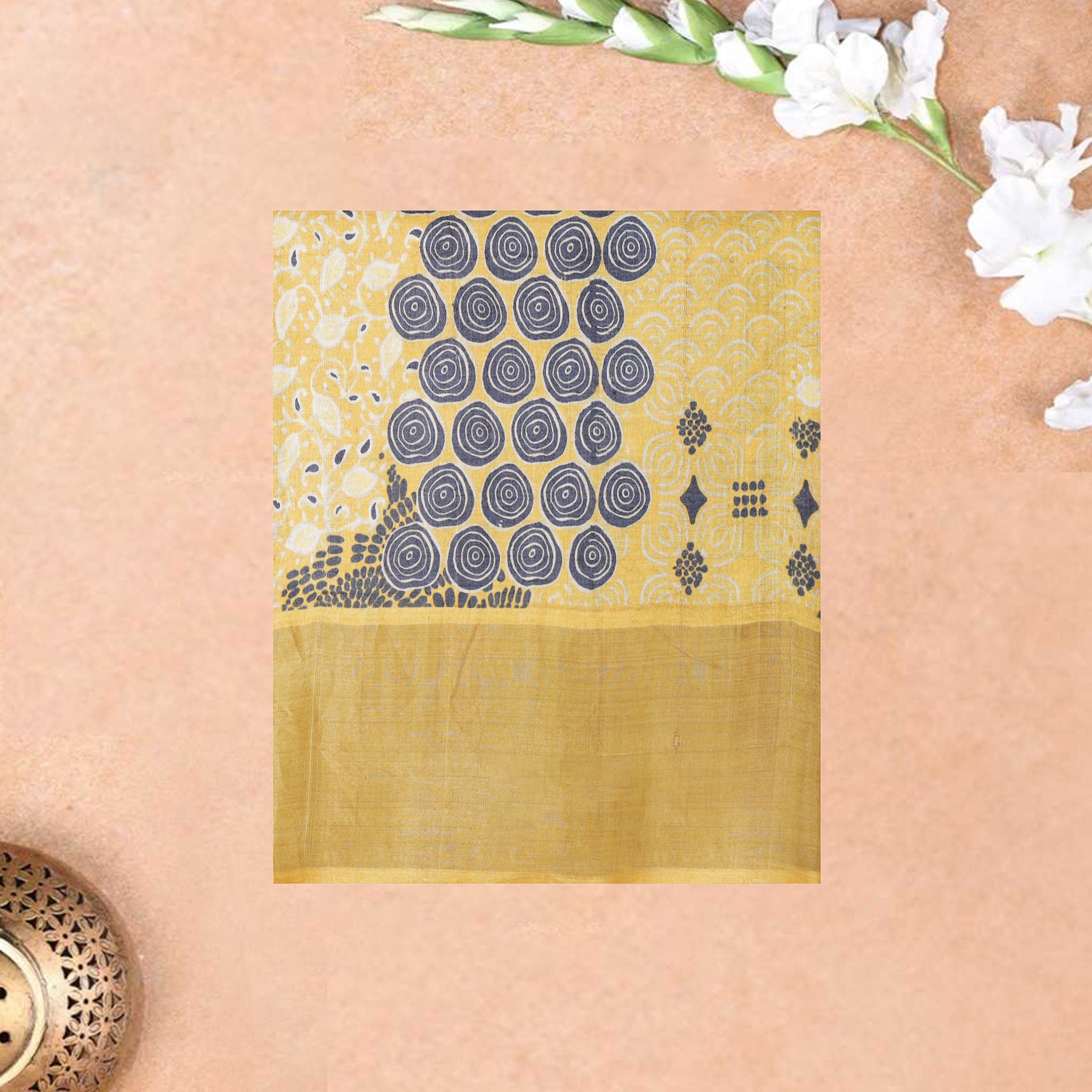 Pure Tussar Silk Saree Yellow With Floral Design and Painted Prints and Zari Woven Border