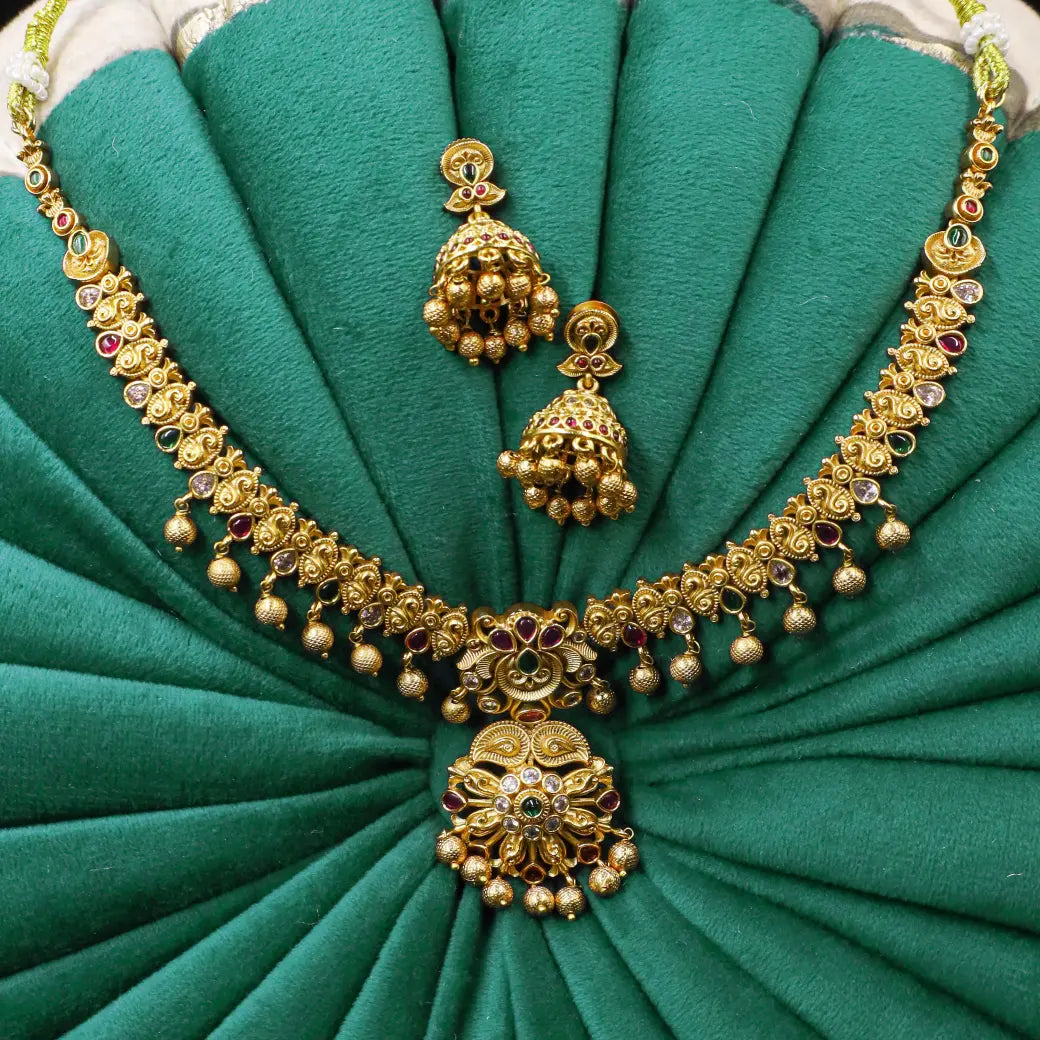 Antique necklace with jhumkas and stones