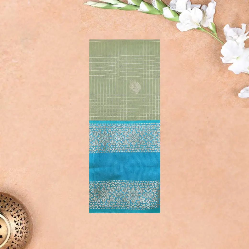 Pastel Green With SkyBlue Checked Silk Cotton Saree