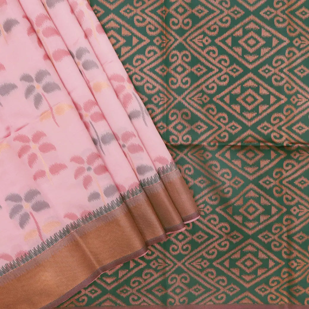 Light Pink With Green Pochampally Semi Ikat Silk Saree