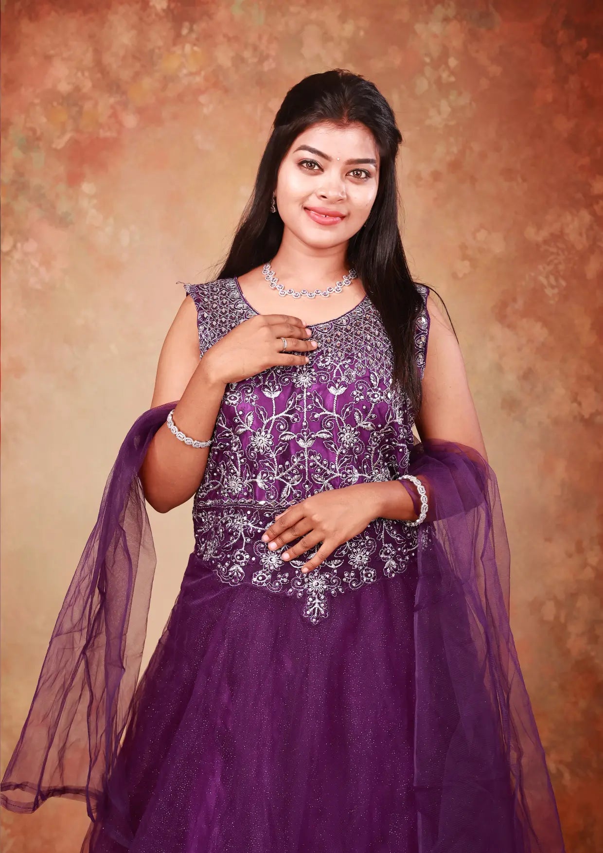 Purple With Floral Design ladies Branded Readymade Gown