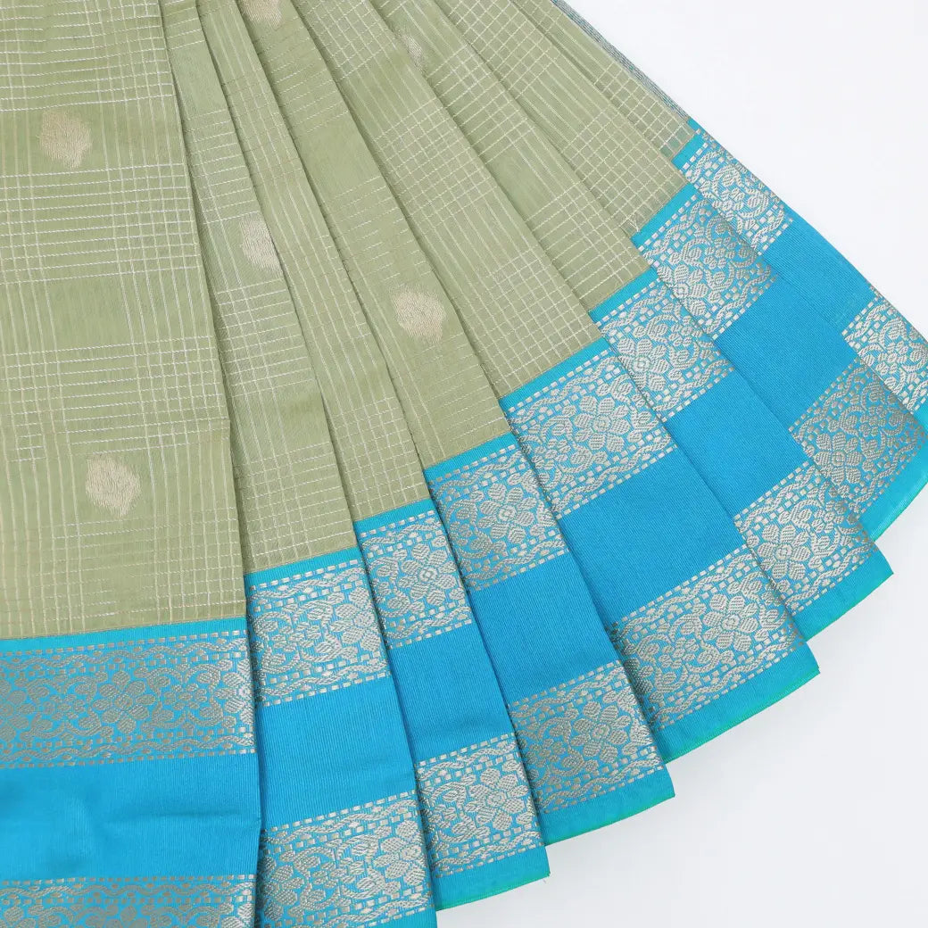 Pastel Green With SkyBlue Checked Silk Cotton Saree